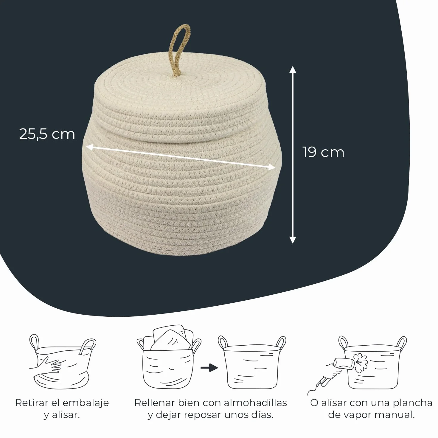 HMF Cesta de almacenamiento redonda para baño, cesta con tapa de algodón, altura 25,5 x 19 cm, color crema