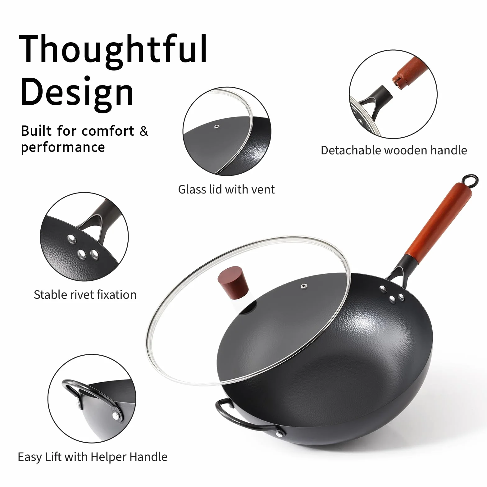 Kordisen Wok de Acero al Carbono 32cm con Tapa, Mango de Madera, Fondo Plano para Inducción y Gas, Antiadherente Natural, Gran Capacidad para 3-6 Personnes, Sartenes para Saltear Estilo Asiático | 17 cm Flachboden für Induktion, Gas, Elektro und Glaskeram