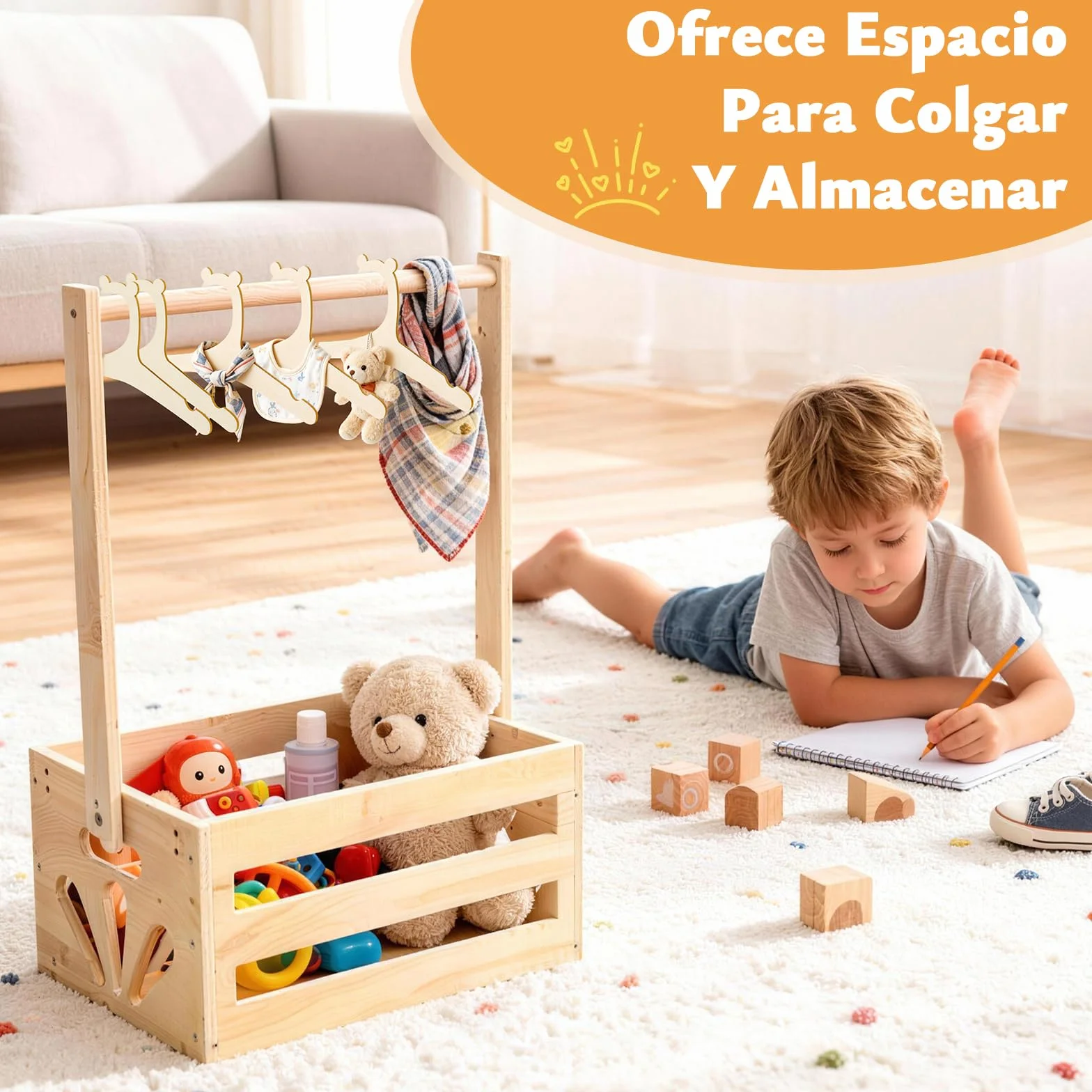 Cesta de Madera para Baby Shower con 6 Colgadores y Guirnalda Floral | Set Completo para Recién Nacidos