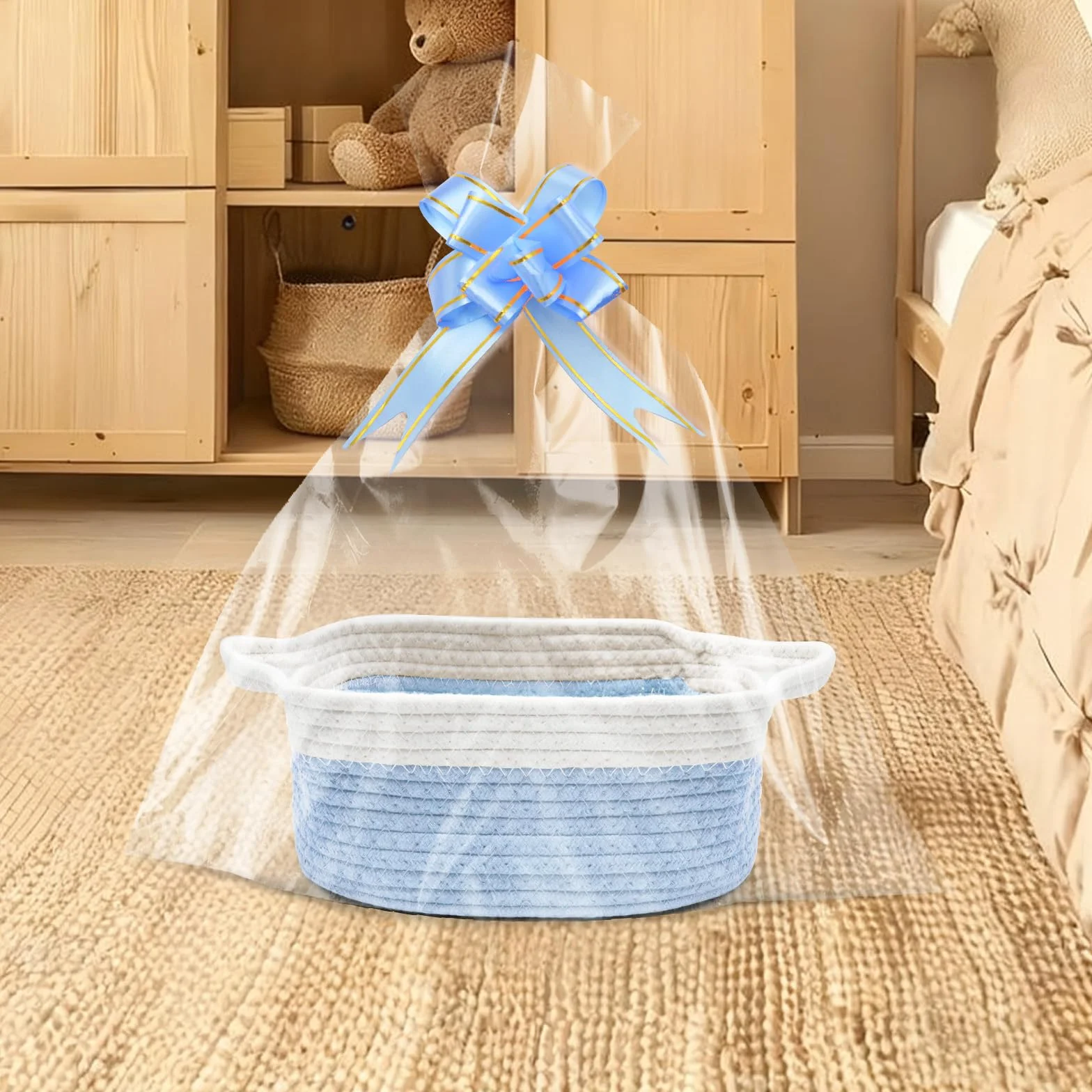 Cesta de regalo vacía 30x20x12 cm trenzada con bolsas y cintas para Navidad cumpleaños boda almacenamiento decorativa Azul