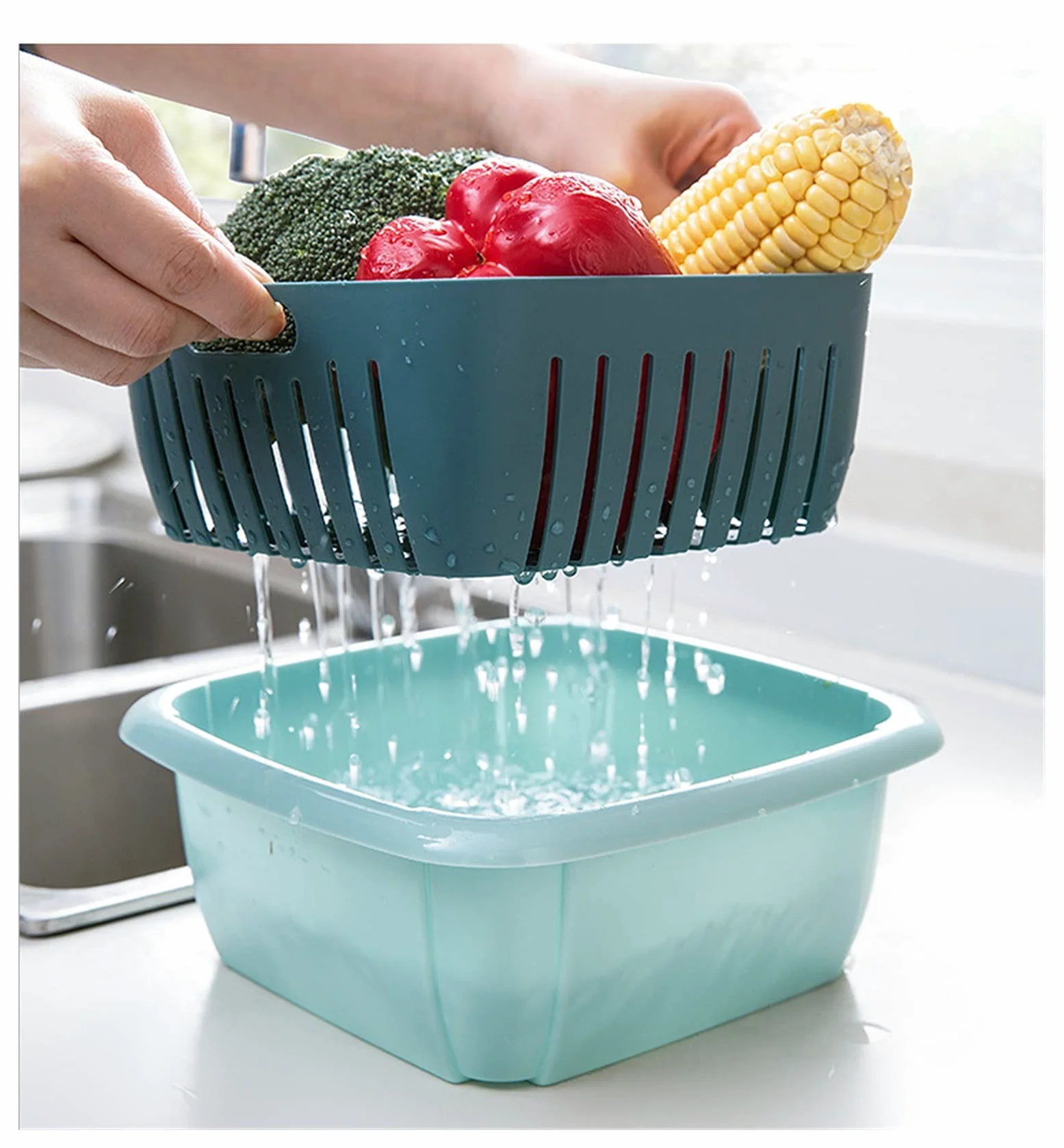 Colador de Cocina Tazón de canasta de drenaje con tapa Cuadrado Fruta Vegetal Cuenca Cesta de lavado Cocina Sellado Fresco Mantenimiento de almacenamiento Caja de almacenamiento Juego de Crisper Colad