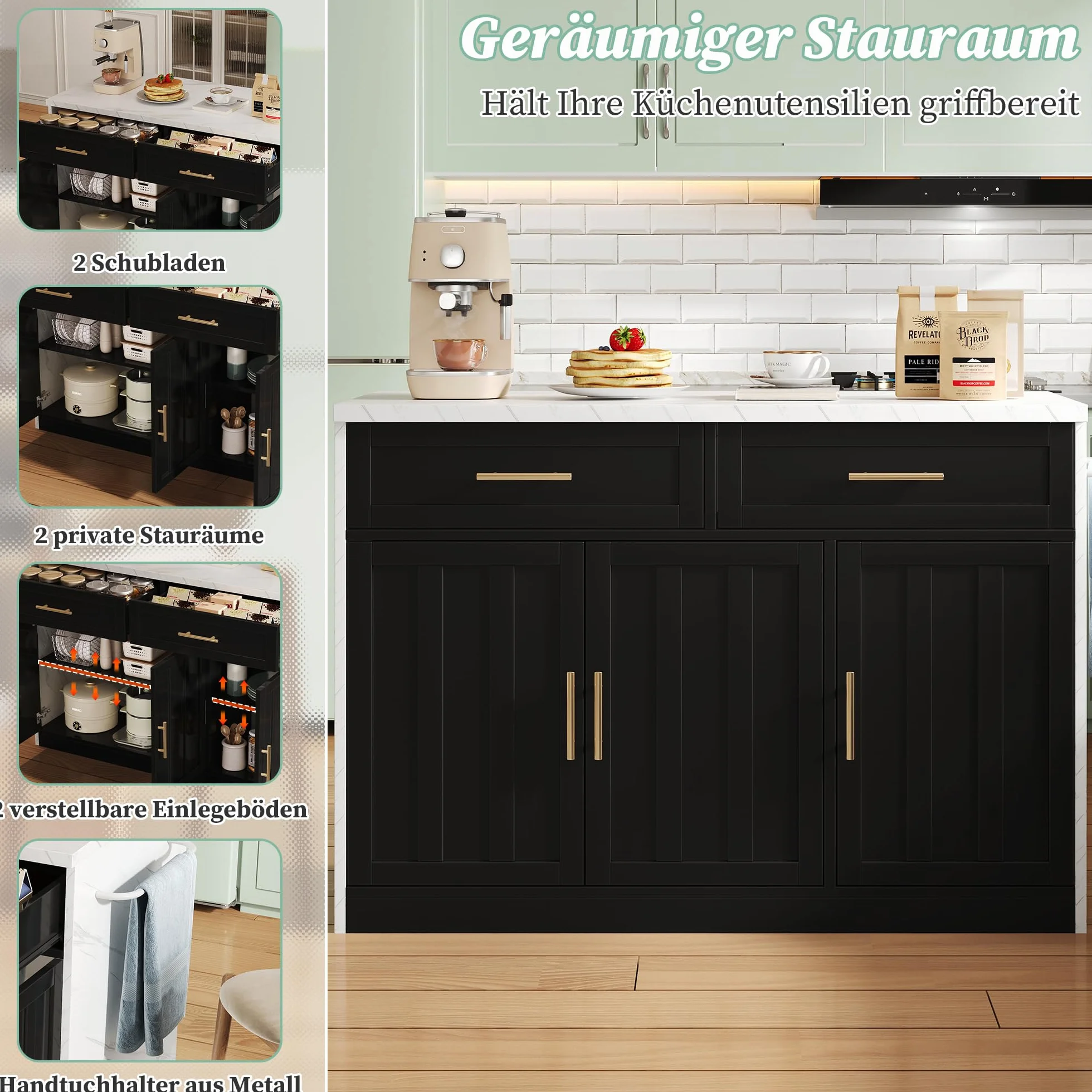 120 x 60 x 91 cm, isla de cocina, enchufes, puertos USB, cable de alimentación de 1,5 m de largo, estantes ajustables, asas de metal, toalleros, zonas de bar, adecuado para apartamentos, cocinas y