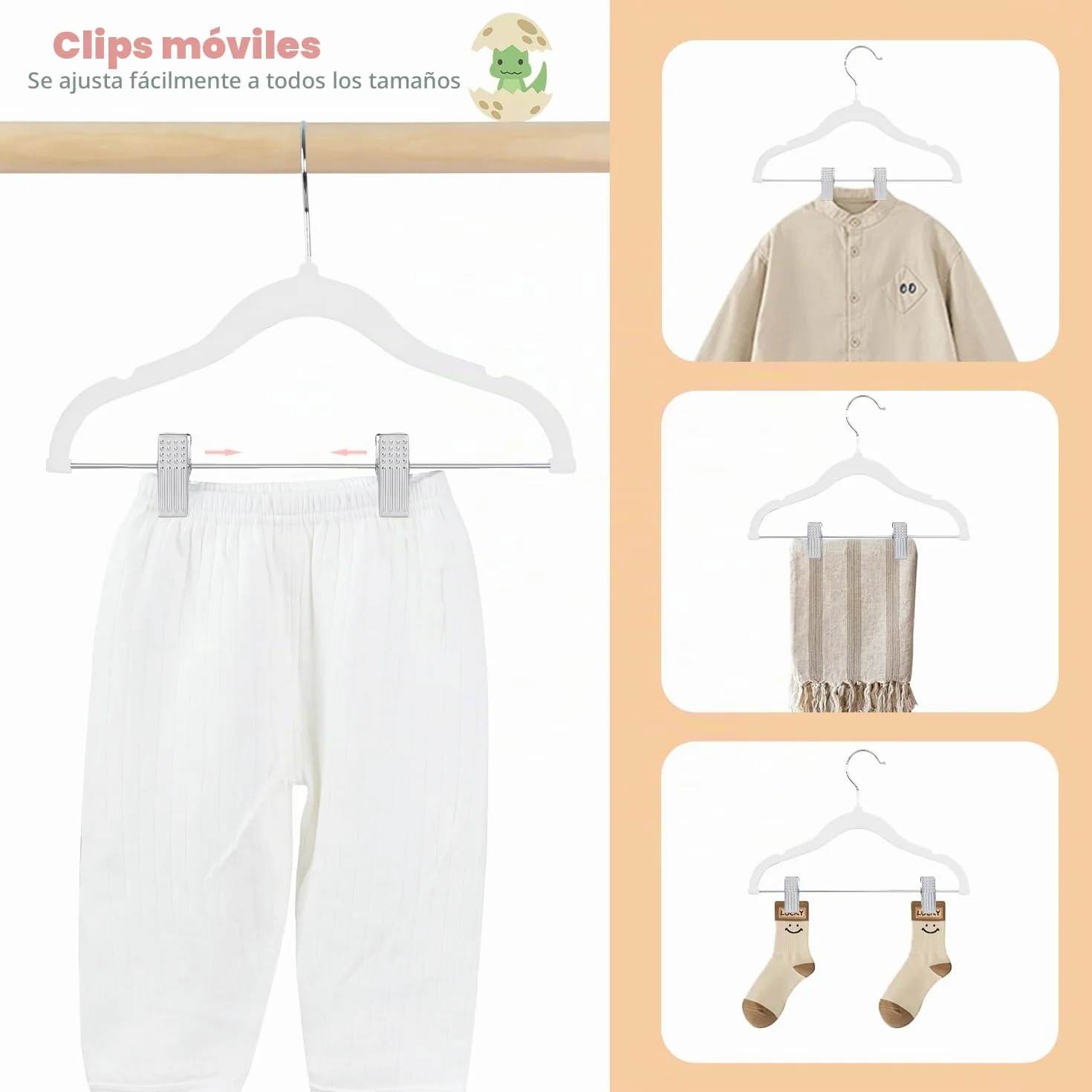 Perchas Infantiles 30 cm Terciopelo Clips Ajustables Antideslizantes Paquete 16 Blanco