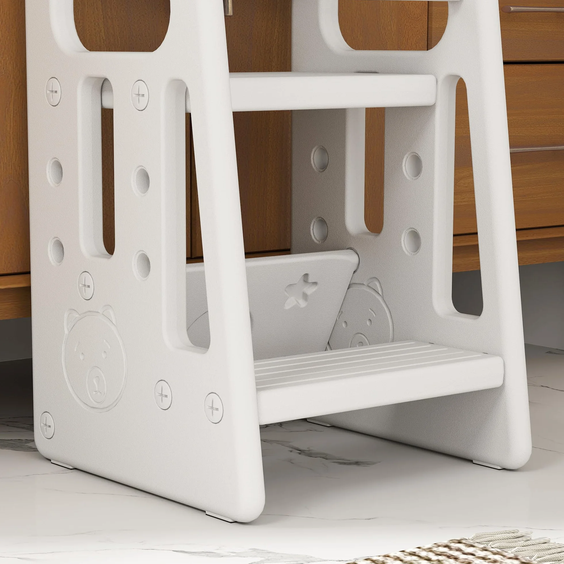 HOMCOM Torre de Aprendizaje para Niños Taburete Infantil Altura Ajustable 3 Posiciones Plataforma Antideslizante 47x47x90 cm Blanco