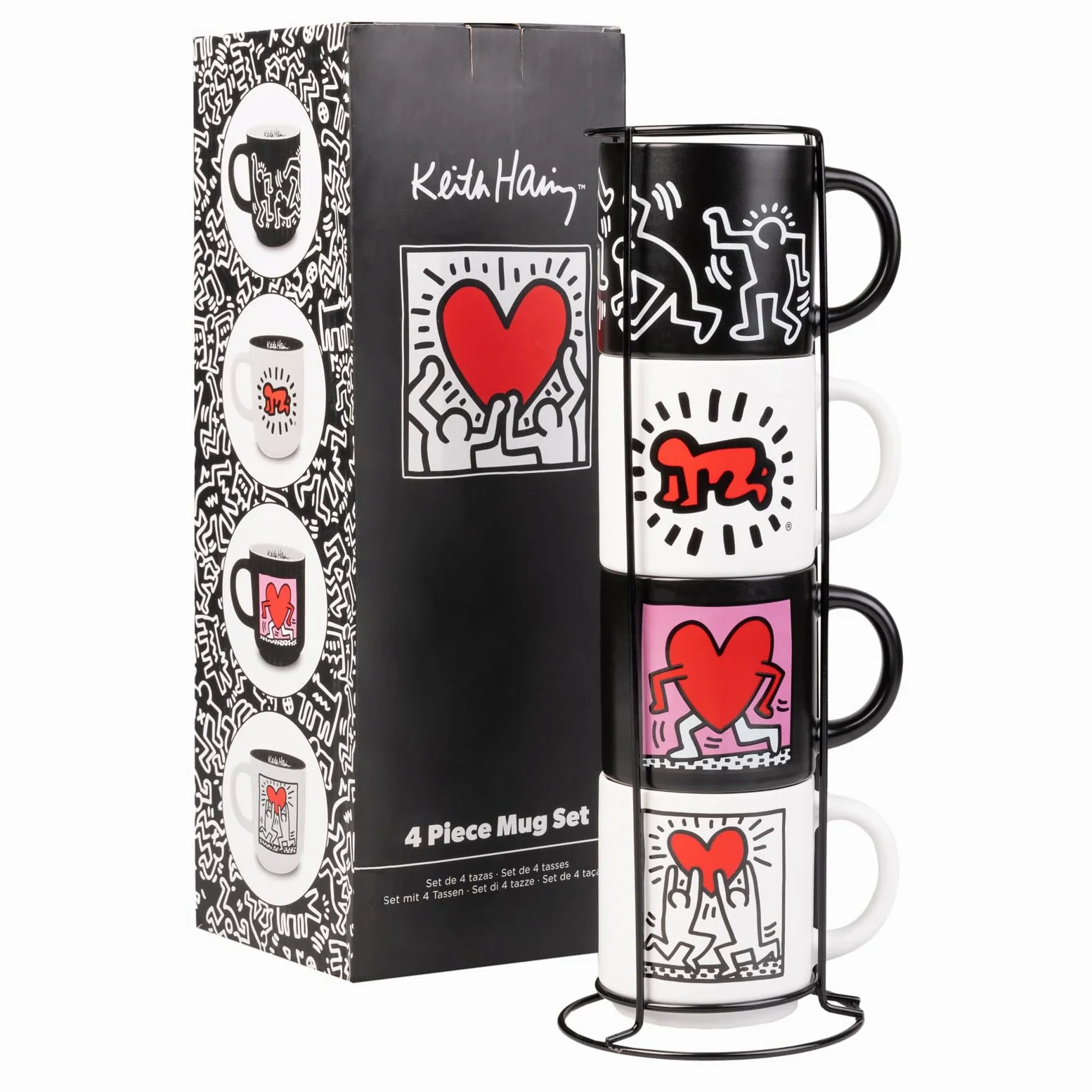 Grupo Erik Juego Tazas de Café Keith Haring - 4 Tazas Originales | para regalar para desayuno (300ml) Aptas Lavavajillas y Microondas, Incluye soporte