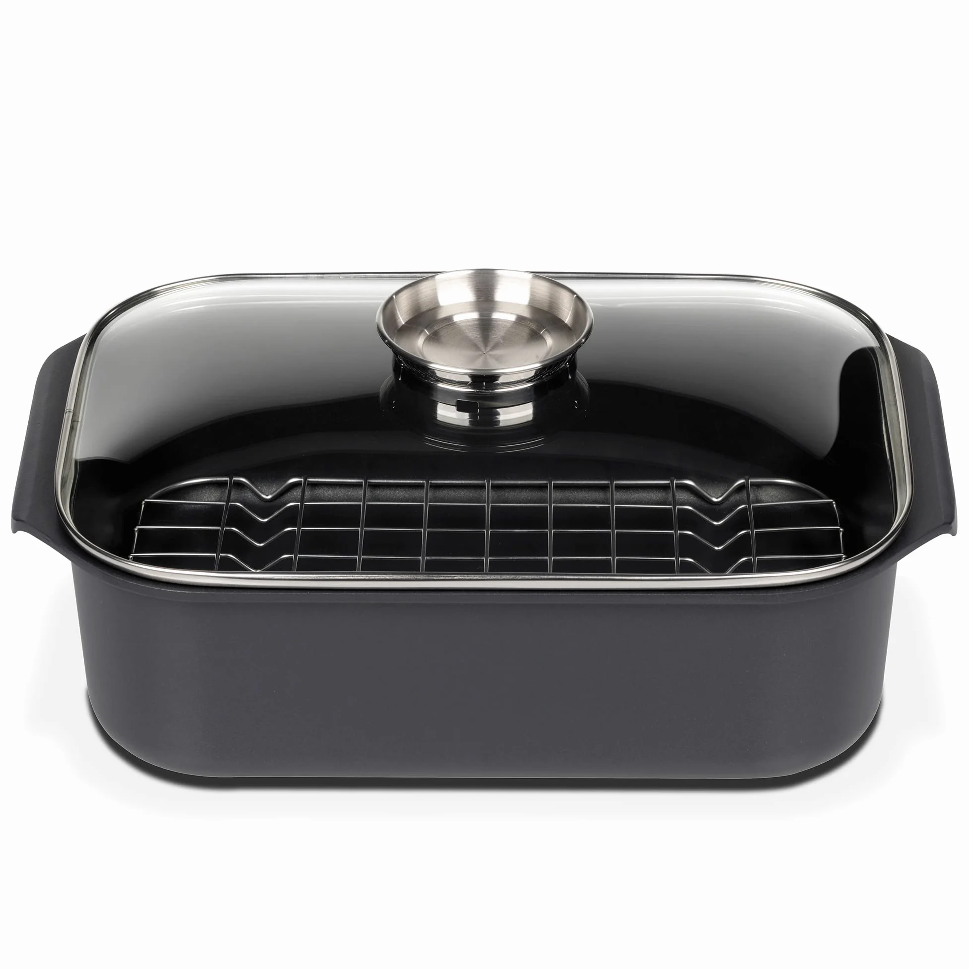 GSW Asador rectangular gourmet con tapa de cristal aromático e inserto para parrilla, aluminio fundido, negro, ø aprox. 40 x 26 x H 11 cm