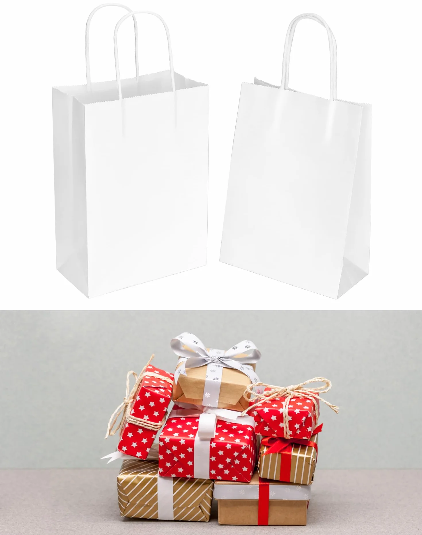 QWORK® 60 piezas bolsas de papel blanco con asas, bolsa regalo,15 x 8 x 21 cm, para fiestas, embalaje, bolsas de regalo de cumpleaños, bolsas de compras