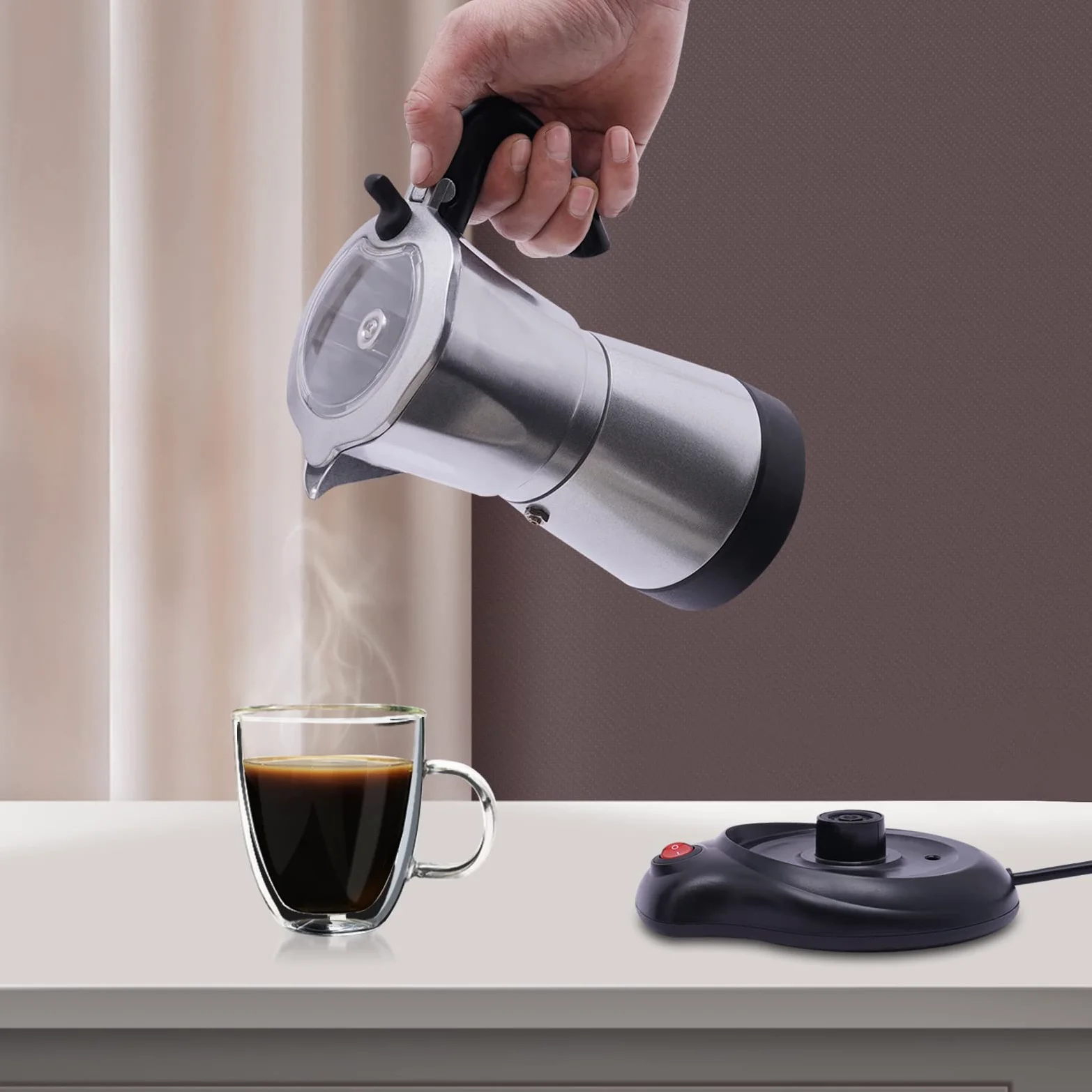 MINRS Máquina espresso, 6 tazas, mango con protección contra quemaduras, mokaka, cafetera eléctrica, camping, cafetera, válvula de seguridad, para amantes del café, plata