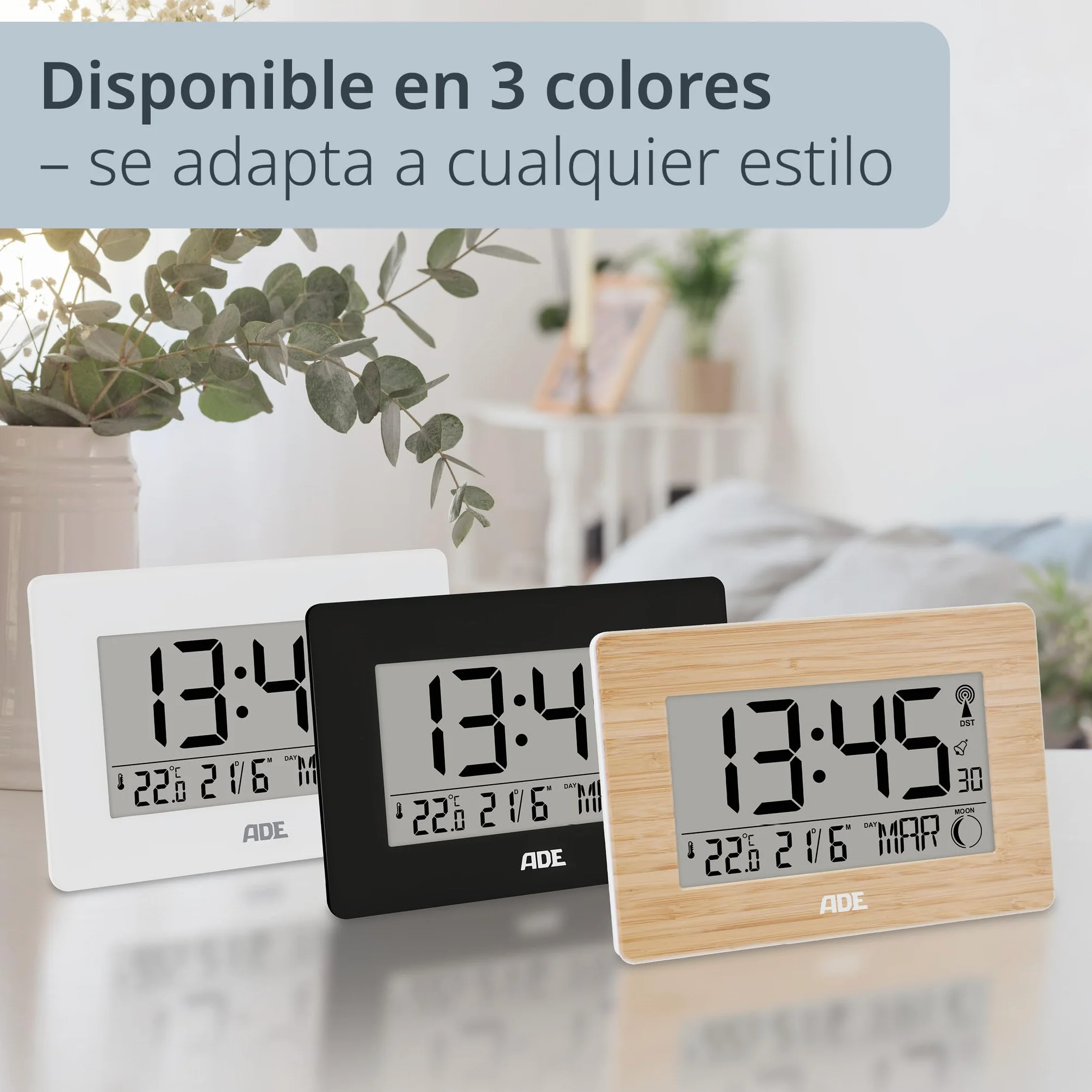 ADE Reloj Digital Grande radiocontrolado con dígitos XXL | Reloj de sobremesa y de Pared con Calendario | con termómetro | Despertador radiocontrolado a Pilas | Negro