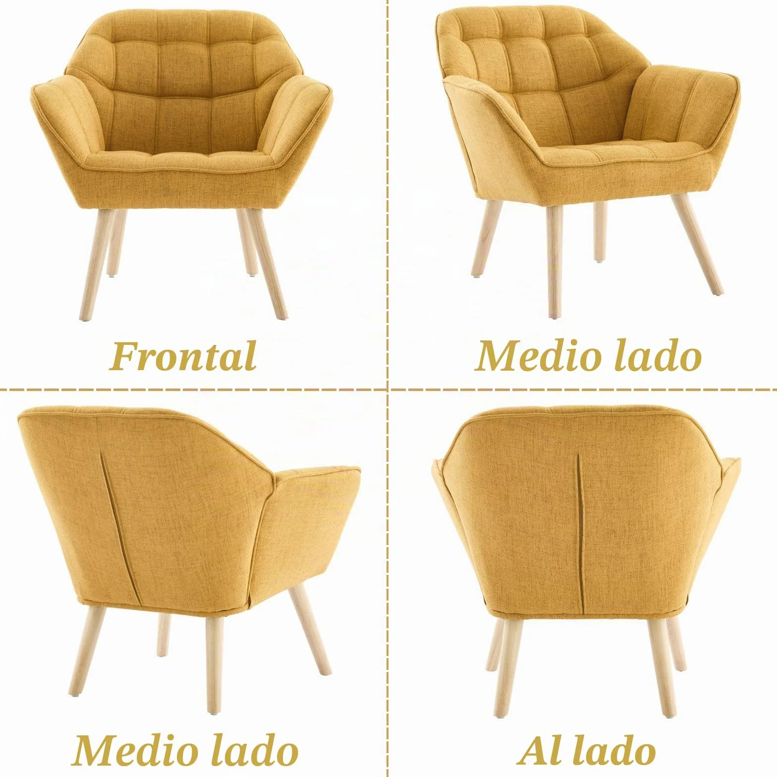 Ya-Home Juego de 2 Butacas Dormitorio de Salon Moderno de Lino con Brazos, Sillones para el Salón Individual con Patas de Madera, Sillón Habitacion para Dormitorio/Salon,Amarillo
