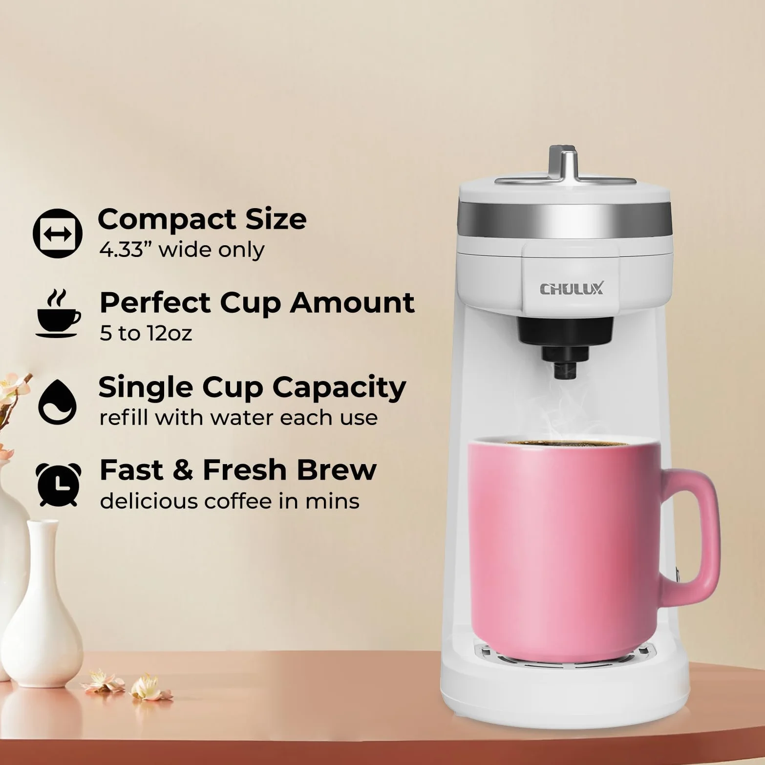 CHULUX Mini cafetera de viaje 2 en 1 para cápsulas K y café molido, cafetera de una sola porción para taza americana, cafetera de cápsulas ligeras, blanco perla