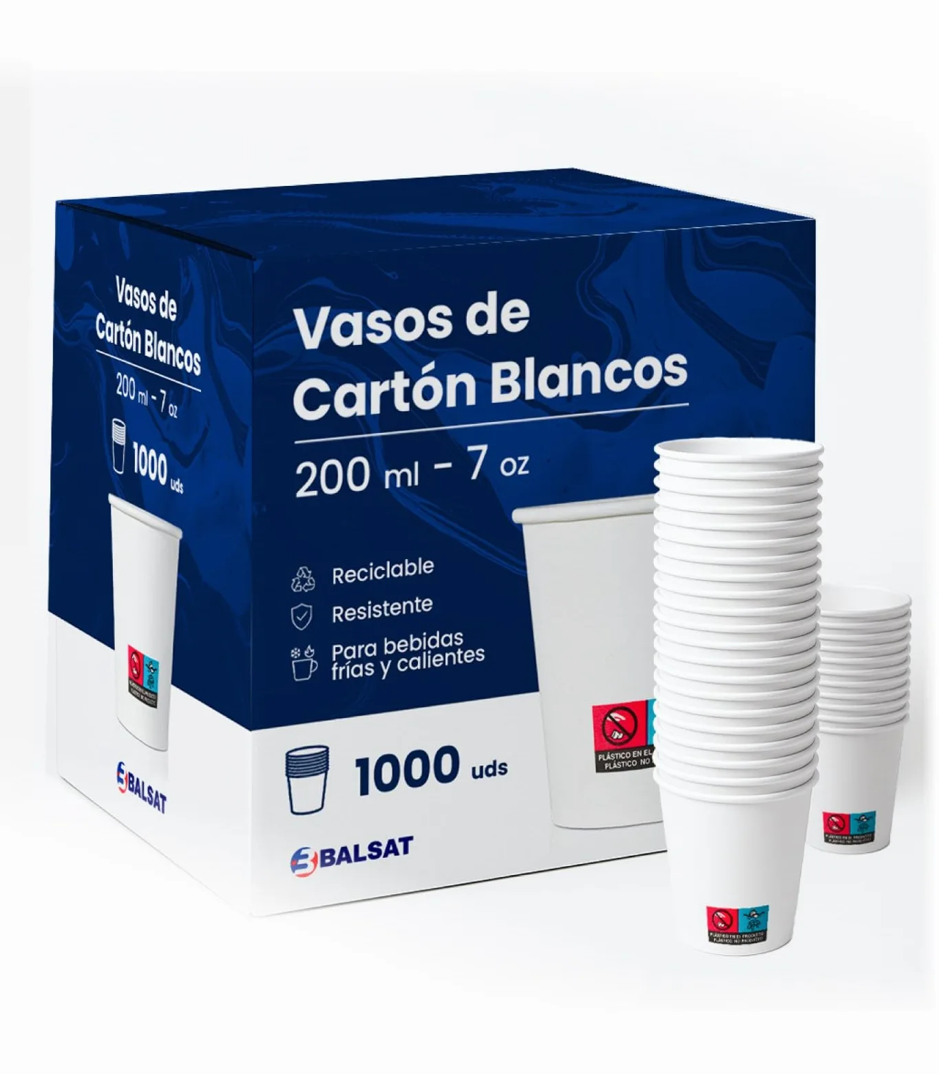 BALSAT Vaso Papel Blanco 200 ml. Fuentes de Agua, Bebidas para llevar, Resistente al calor y al frio. Reciclable y compostables (1000)