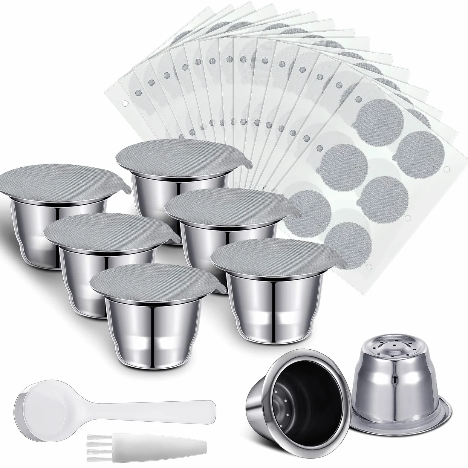 Didaey Cápsulas de café reutilizables de acero inoxidable recargables, cápsulas de café reutilizables con sellos de papel de aluminio, tapas adhesivas compatibles con máquinas Nespresso (6 tazas, 204