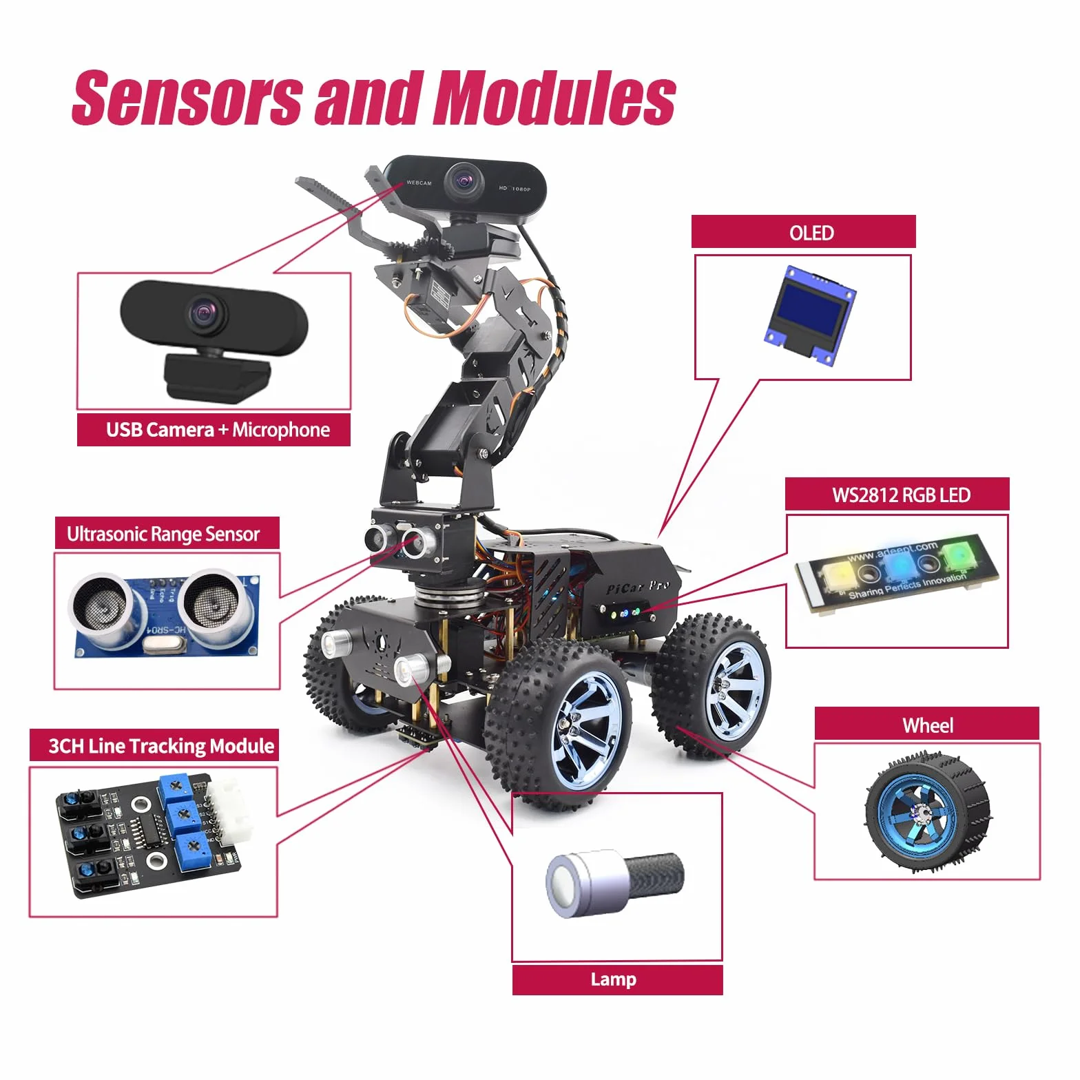 Adeept PiCar Pro V2 Kit de robótica (Raspberry Pi no incluido), coche inteligente con brazo robótico de 4 DOF para Pi 5/4/3, cámara HD 1080P, OpenCV, prevención de obstáculos, seguimiento de línea