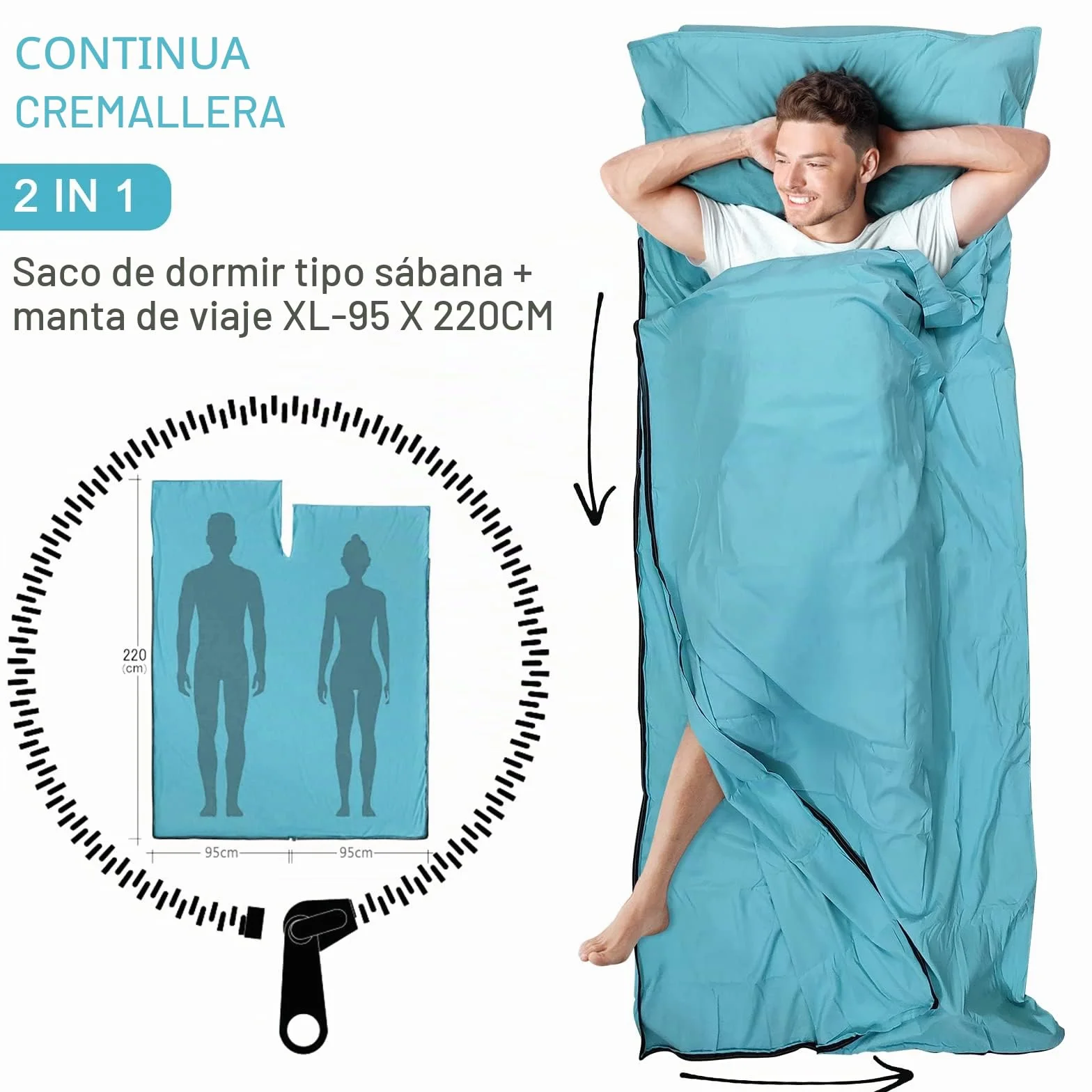 Saco de Dormir Ultraligero 2en1 XL-95 x 220 cm Sábana de Viaje de Microfibra con Compartimiento de Almohada