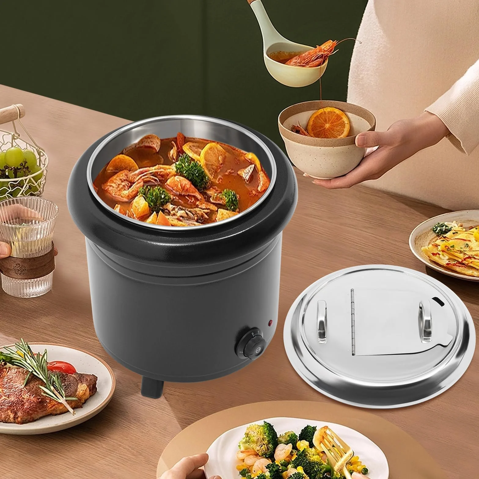 Olla para sopa, 13 L, acero inoxidable, calentador de sopa con tapa, 400 W, temperatura 30 – 85 °C, recipiente térmico regulable, para bufés, cantinas, cafetería y otras ocasiones, color negro