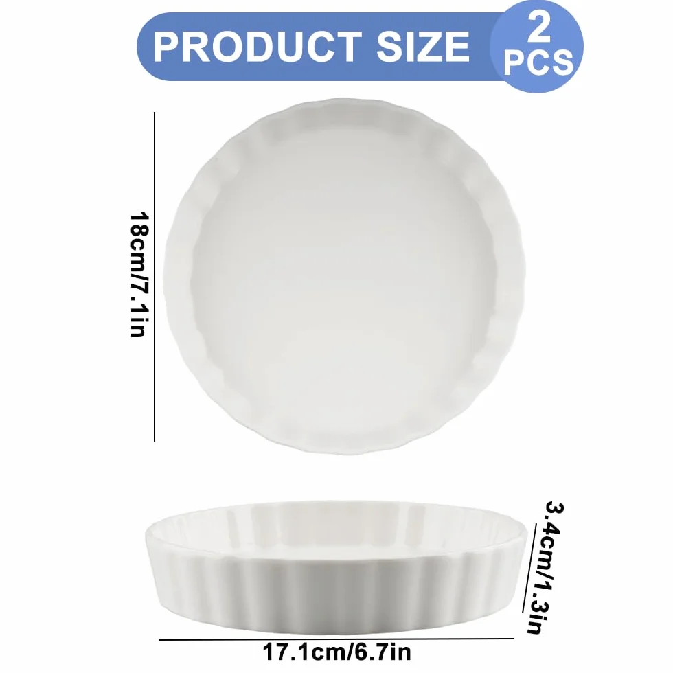 Juego de 2 platos de porcelana blanca para quiche de 18 cm, plato redondo de cerámica para tartas, pizzas, pastas, tartas y quiche (blanco)