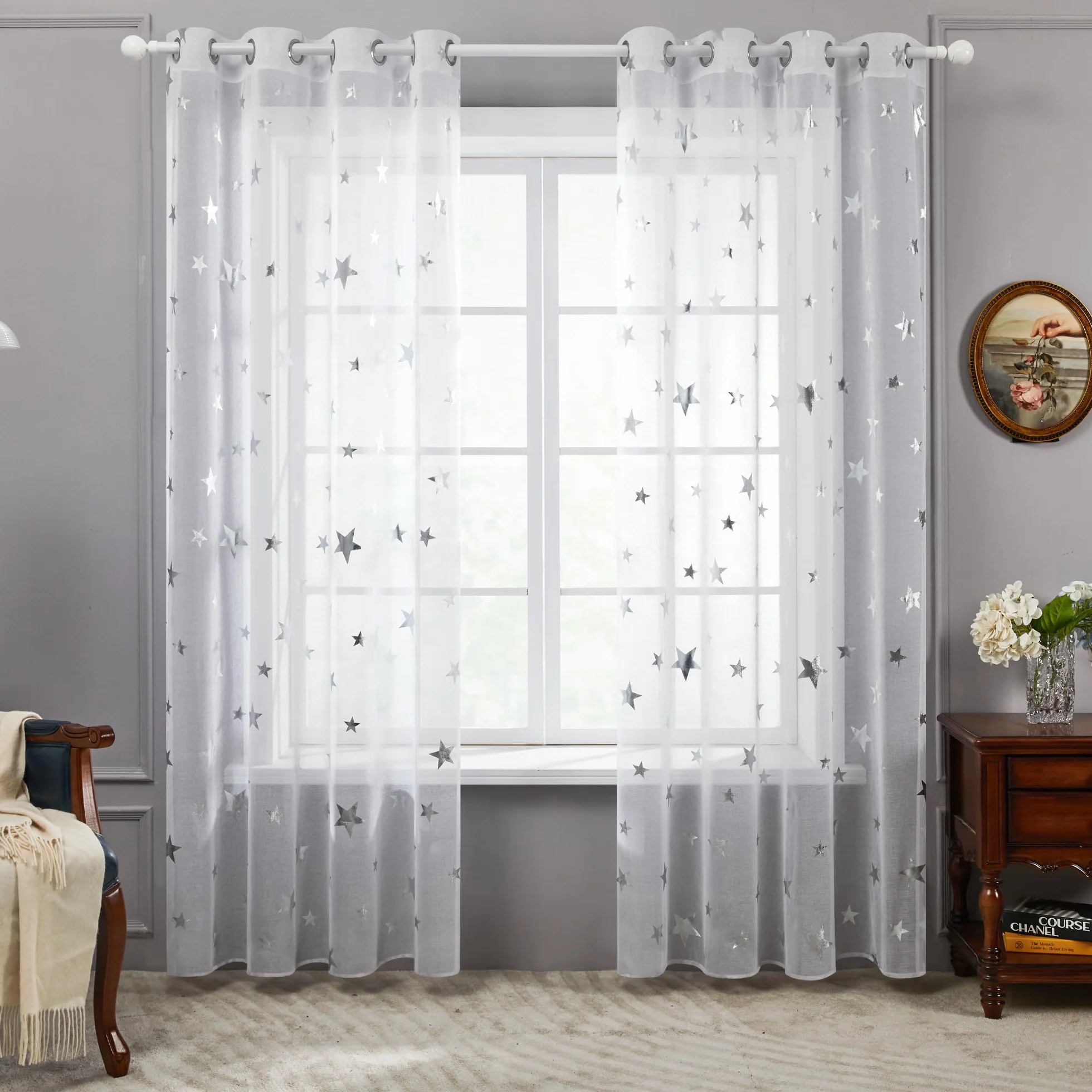 Deconovo Cortinas Dormitorio Blancas con Motivos Plateados Translucidas 2 Piezas 140x145cm Blanco-Estrella