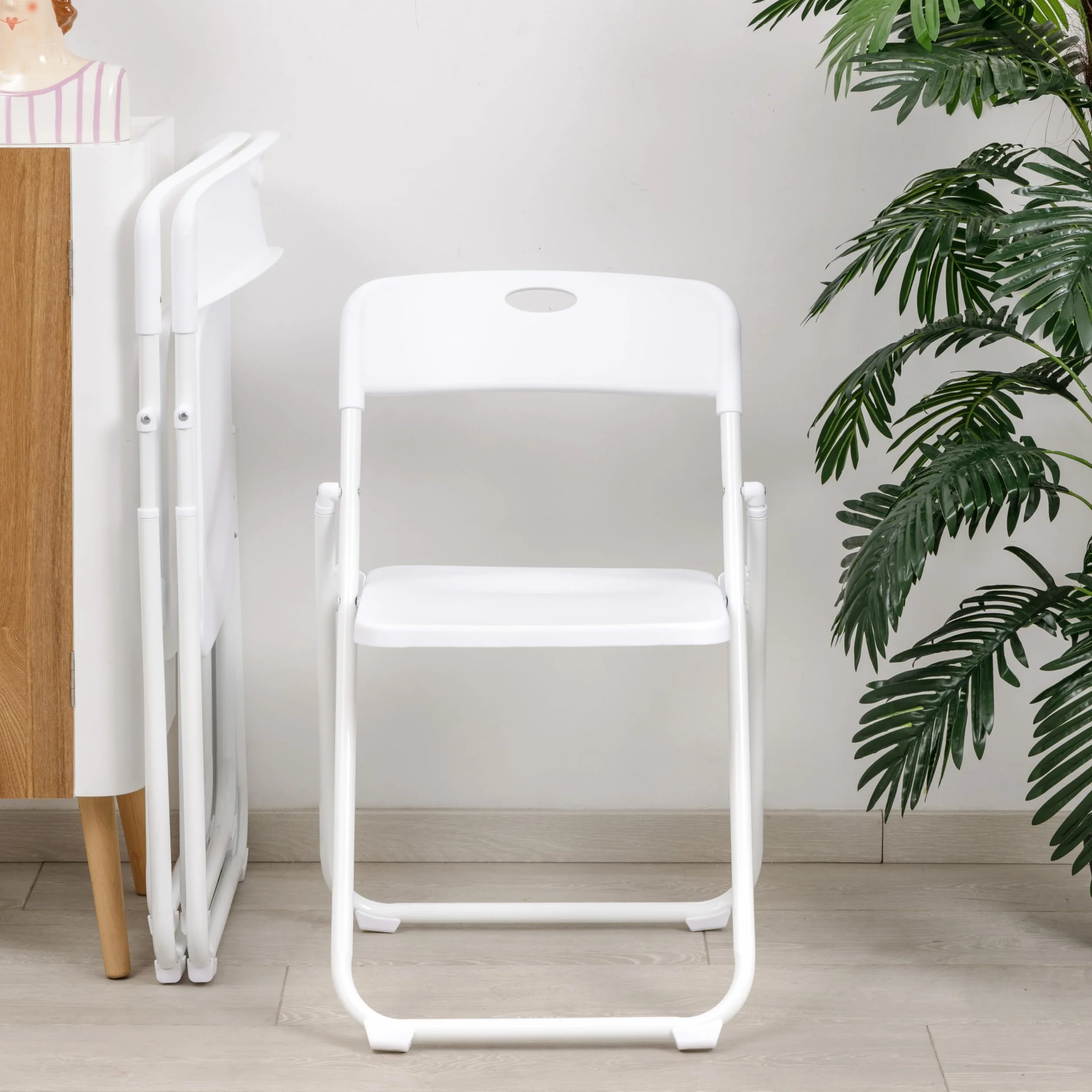 Baroni Home Silla Plegable con Estructura de Acero y PVC, Asiento Plegable Que Ahorra Espacio con Pies y Asa, para Viaje, Cocina, Salón, Dormitorio, 74x43x49 cm, 1 Unidad, Blanco