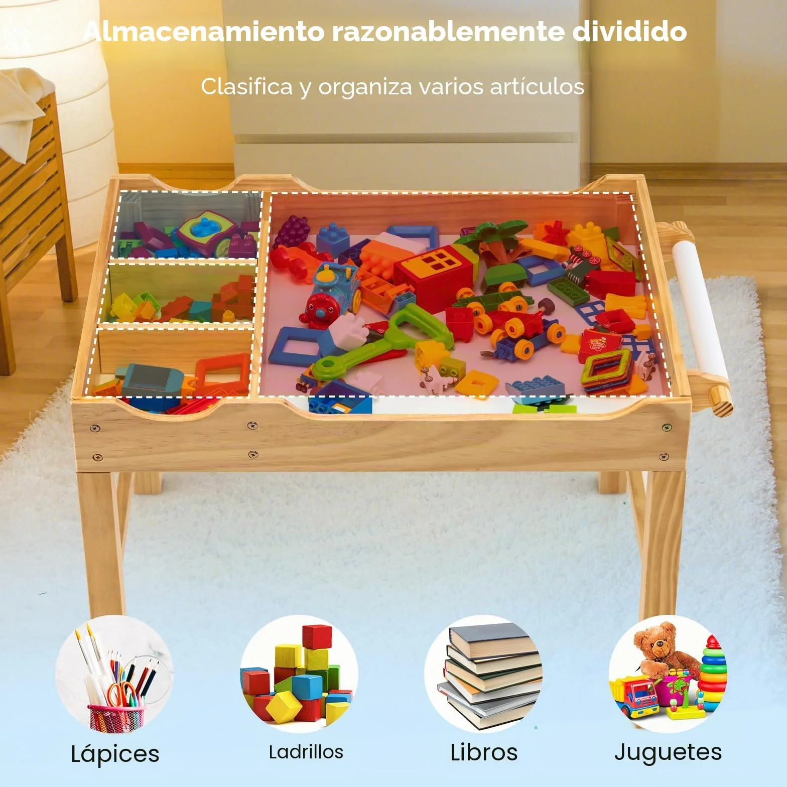 GOPLUS Mesa de Actividades 2 en 1 con Tablero Reversible, Mesa de Construcción para Niños de 3+ Años con Espacio de Almacenaje Clasificado, Mesa de Juego de Madera con Barra Lateral, 86,5X60X57CM