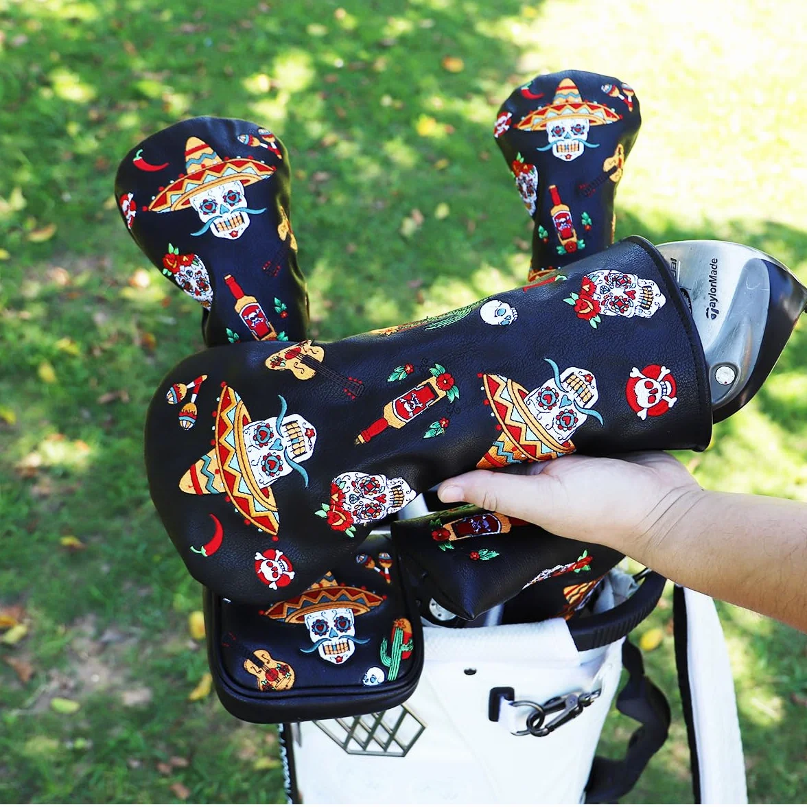 Juego de Fundas para Palos de Golf de Piel con Estampado de Calaveras de azúcar
