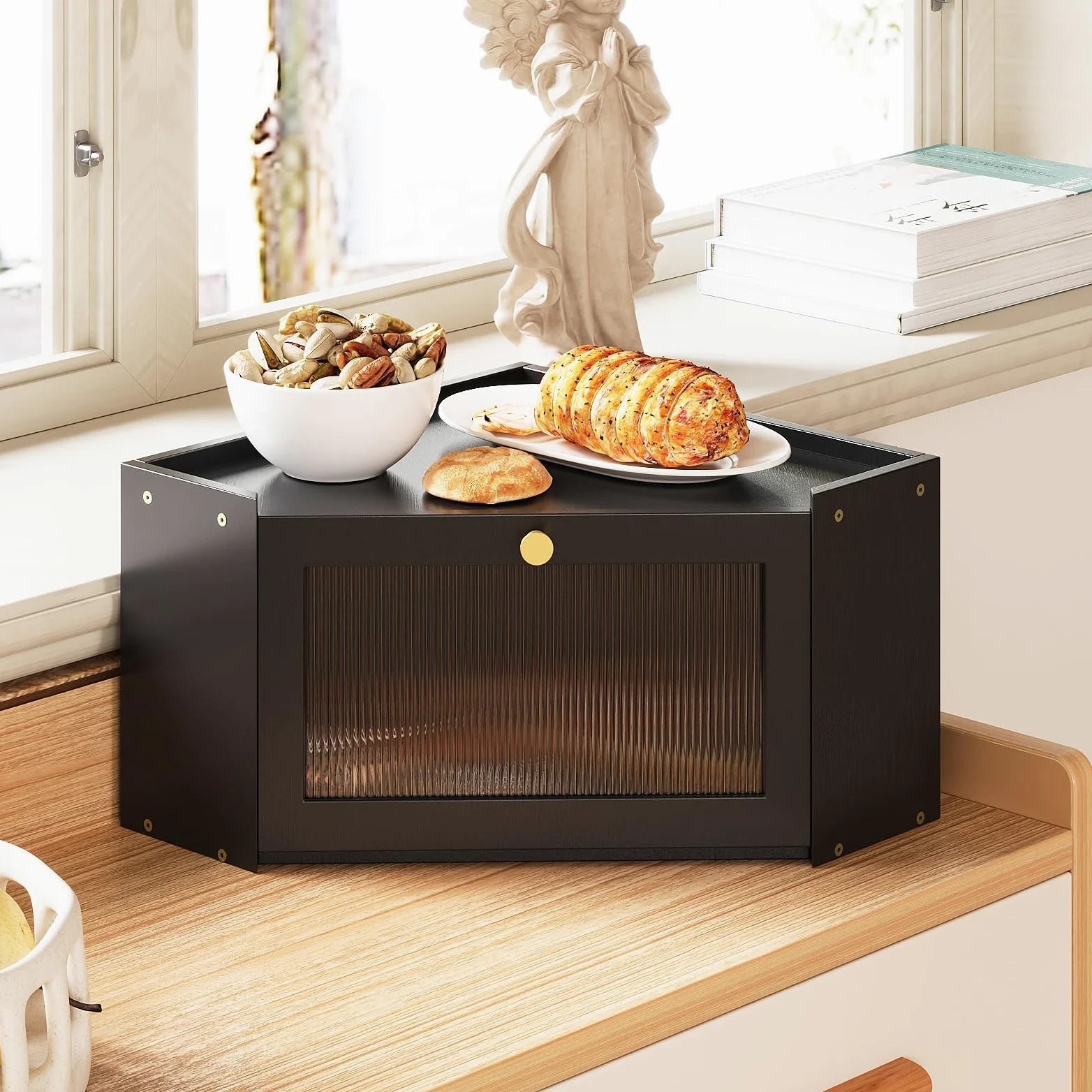 VEDECASA Panera de esquina para cocina de bambú con puerta acrílica transparente, cesta de pan negra para esquinas de cocina, gran fiambrera en diseño rústico, 32 x 32 x 20 cm