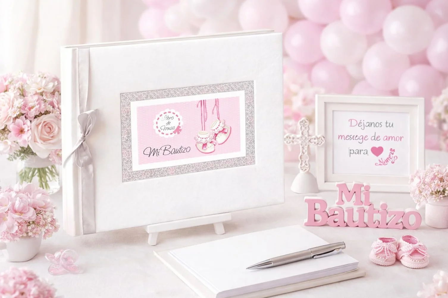Libro de firmas bautizo bebe niña, libro visitas medidas, 27,5 x 23 x 2, 64 paginas, tapa dura, forrada gua Flex, con lazo plateado, más porta móviles personalizable, para poner la foto del bebe