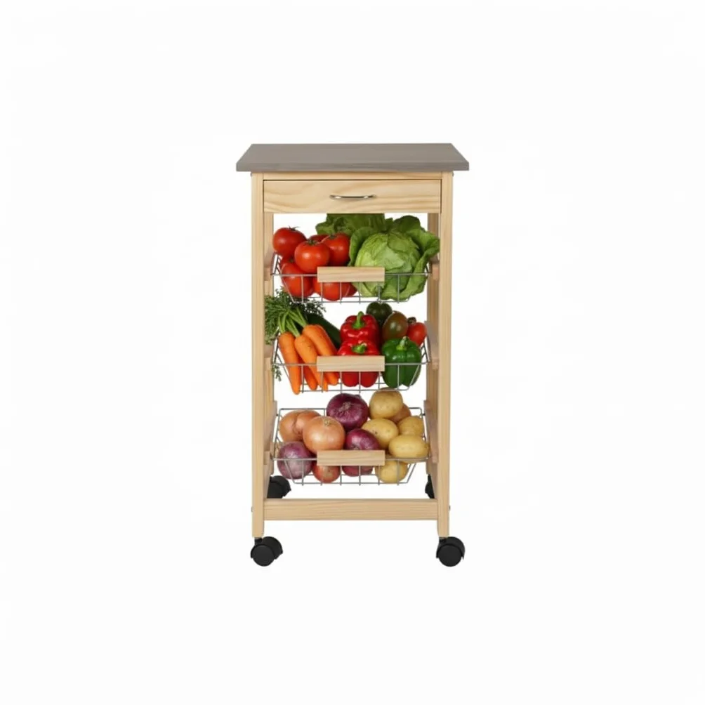 INDE MOBLEKIT | Carrito Auxiliar con Ruedas 3 Estantes con Cajón, Verdulero de Cocina en Madera Natural, Verdulero Práctico para Frutas y Verduras, Mueble Auxiliar de Cocina con Estantes