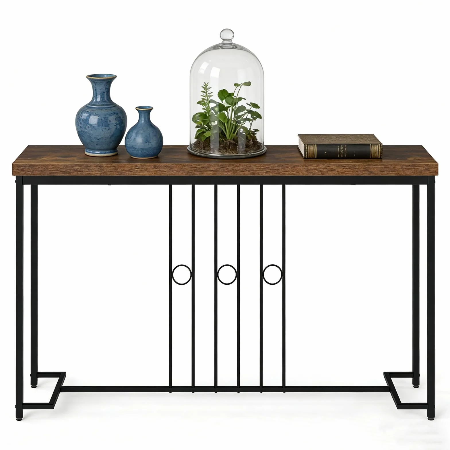 LIFEZEAL Consola para Entrada, 140 x 30 x 81 cm, Mesa Consola Industrial Larga, Salvapacio de Madera y Metal con Decoración de Líneas y Anillos, Consola Detrás del Sofá, Entrada y Pasillo, Marrón