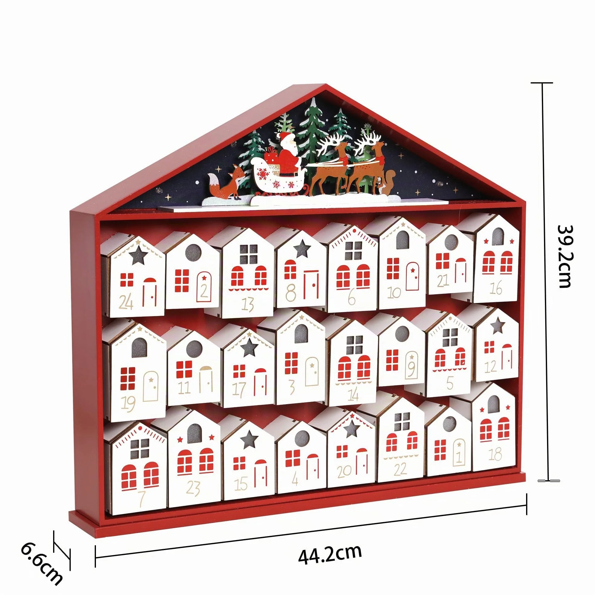 PE Calendario de Adviento de madera 2025 con luces LED, calendario de cuenta regresiva de Navidad, cajones en forma de casa, decoración navideña reutilizable, caja de cuenta regresiva de Navidad de 24