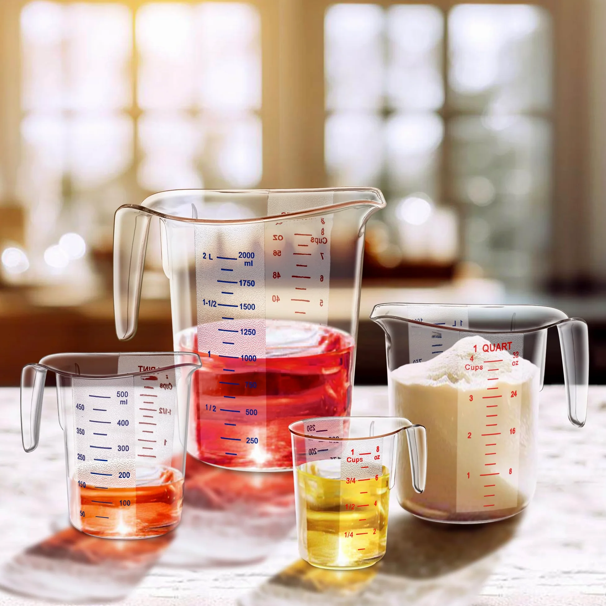 Amazing Abby - Melissa - Vasos medidores de plástico irrompibles (juego de 4 piezas), jarras medidoras de grado alimenticio, capacidad de 1/2/4/8 tazas, apilables y aptas para lavavajillas, ideal para