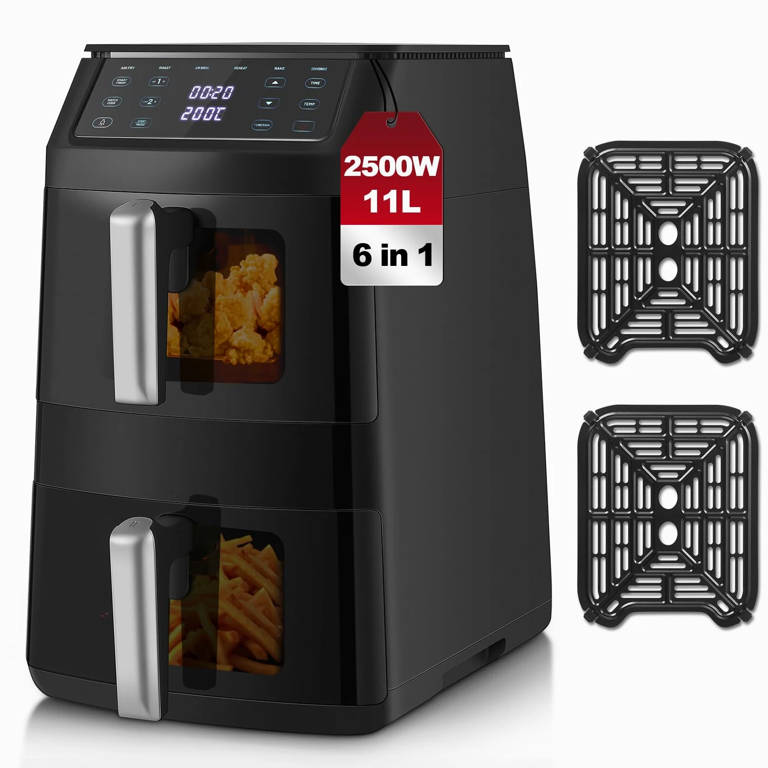 TopStrong Double Stack Freidora de aire, 11 L Air Fryer Doble Cesta Vertical, 40℃-220℃, 6 Funciones de Cocción & 8 Programas Preconfigurados, Ahorrar Espacio, 2500W (Negro Ventana)