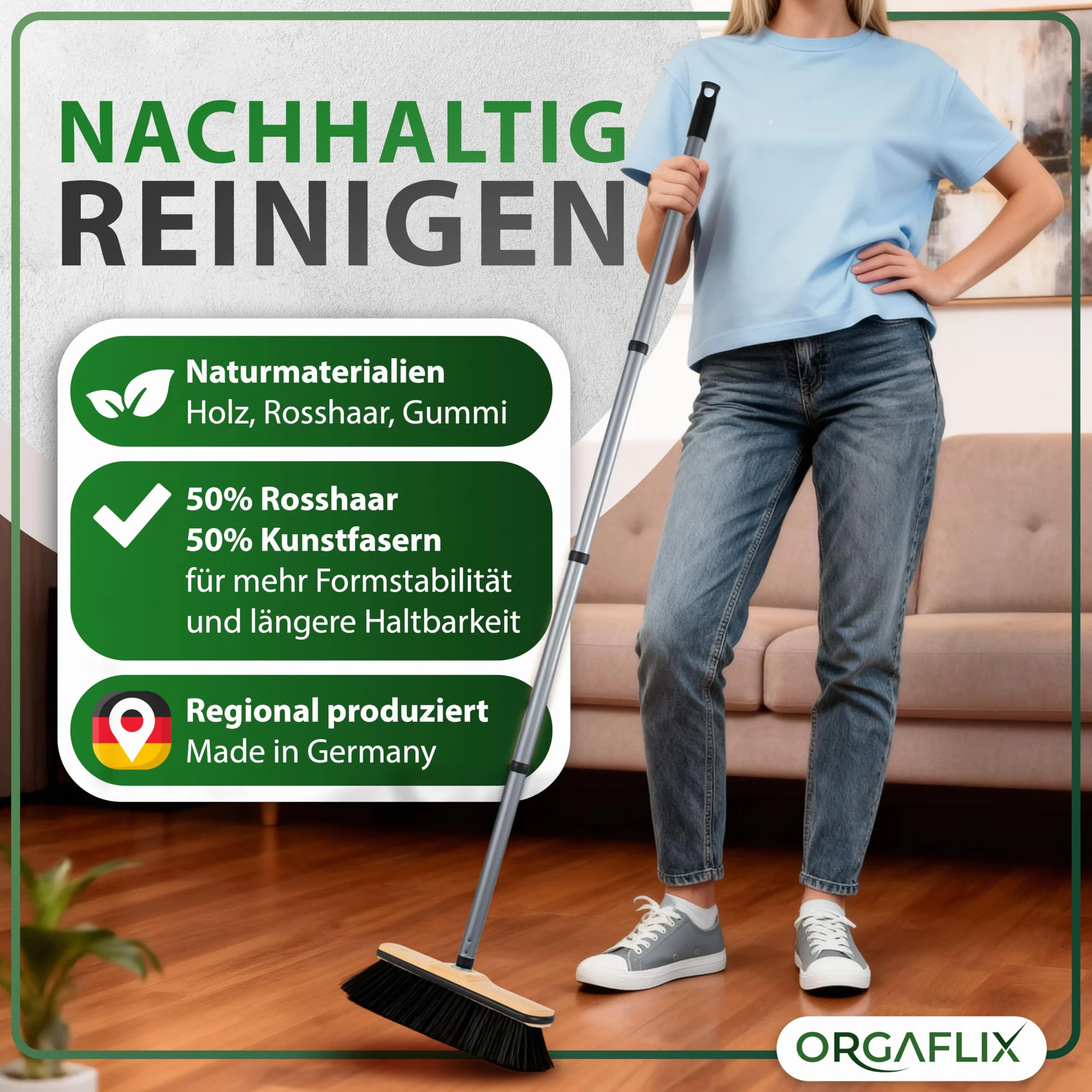 ORGAFLIX Escoba premium sin mango de crin con protección de bordes, 28 cm, extra resistente al polvo gracias a la mezcla de crins de, escoba de habitación
