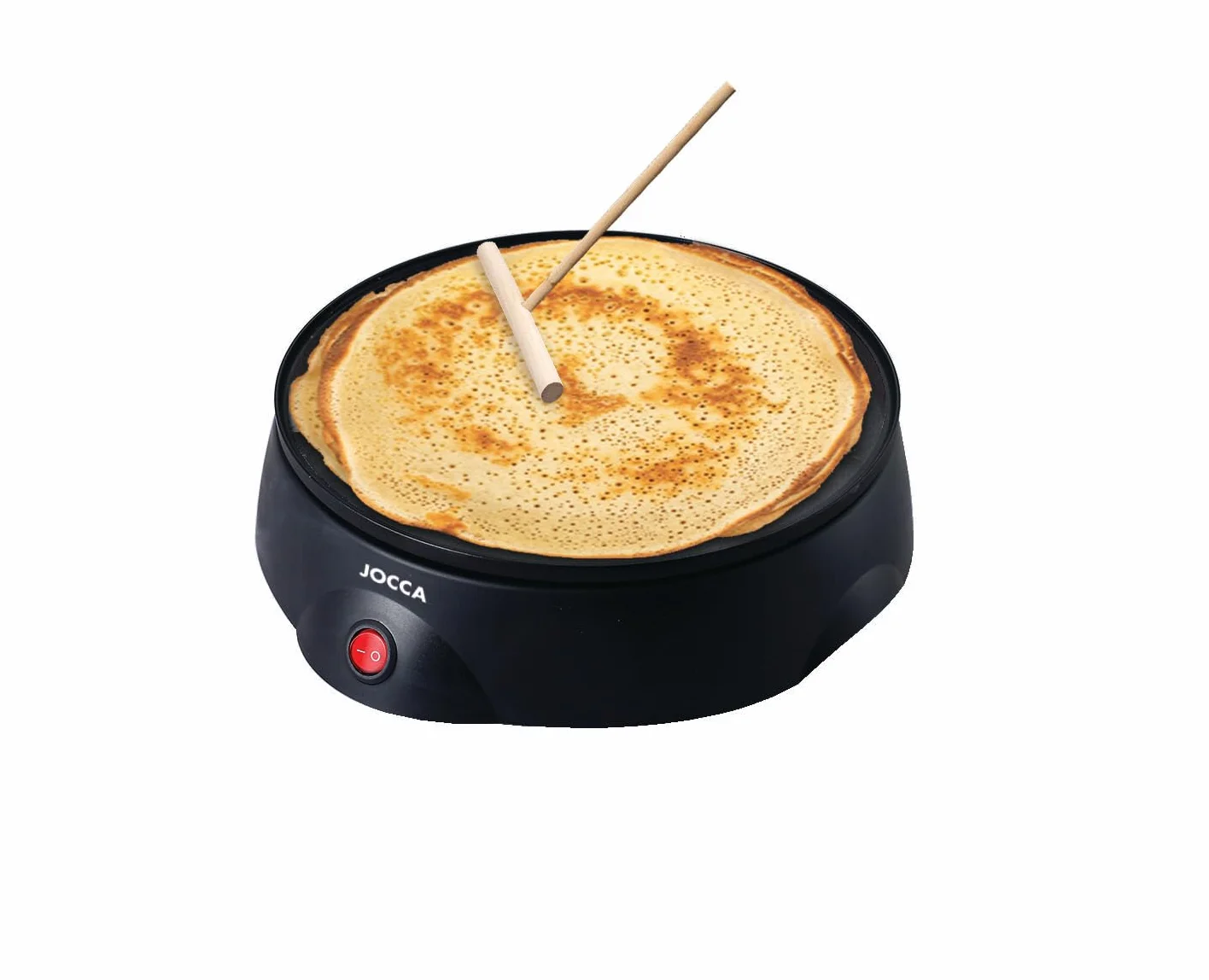 JOCCA - Máquina Crepera Eléctrica con Placa de 22 cm de Diámetro| Potencia 700W| Revestimiento Antiadherente| Incluye Esparcidor de Madera| Boton on-off| Indicador Luminoso| Ideal para fiestas| Negro