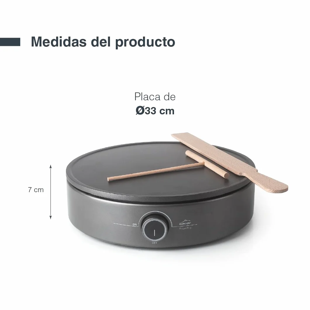 Lacor - 69433 - Crepera Eléctrica 1500W, Creps XL, Termostato Regulable, Indicador Luminoso, Incluye Rastrillo y Espátula de madera, Eco y 100% libre de PFOA, Placa Ø33 cm