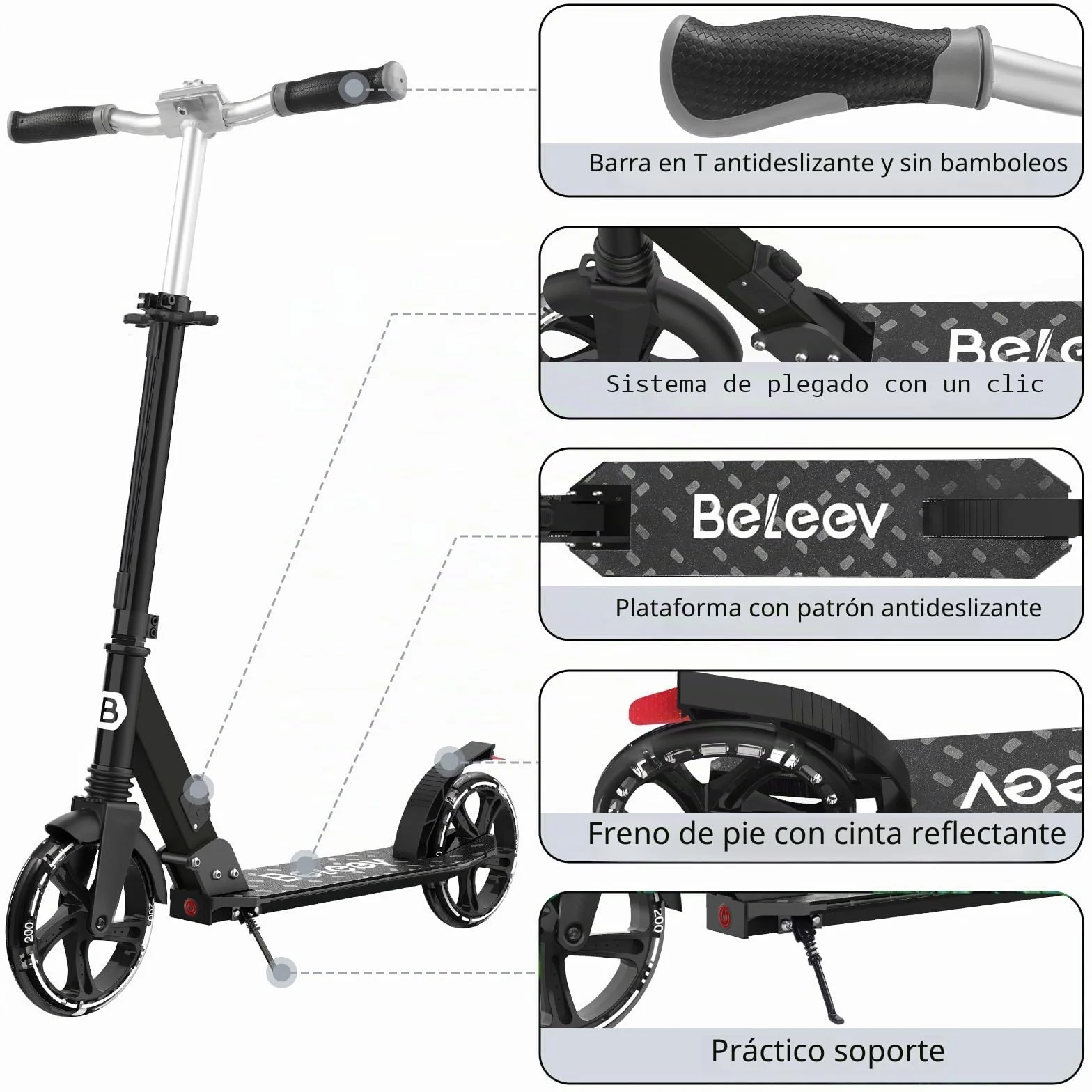 BELEEV Patinete Plegable 2 Ruedas con Luces LED, Rueda 200mm, Altura Ajustable, Adulto Niño