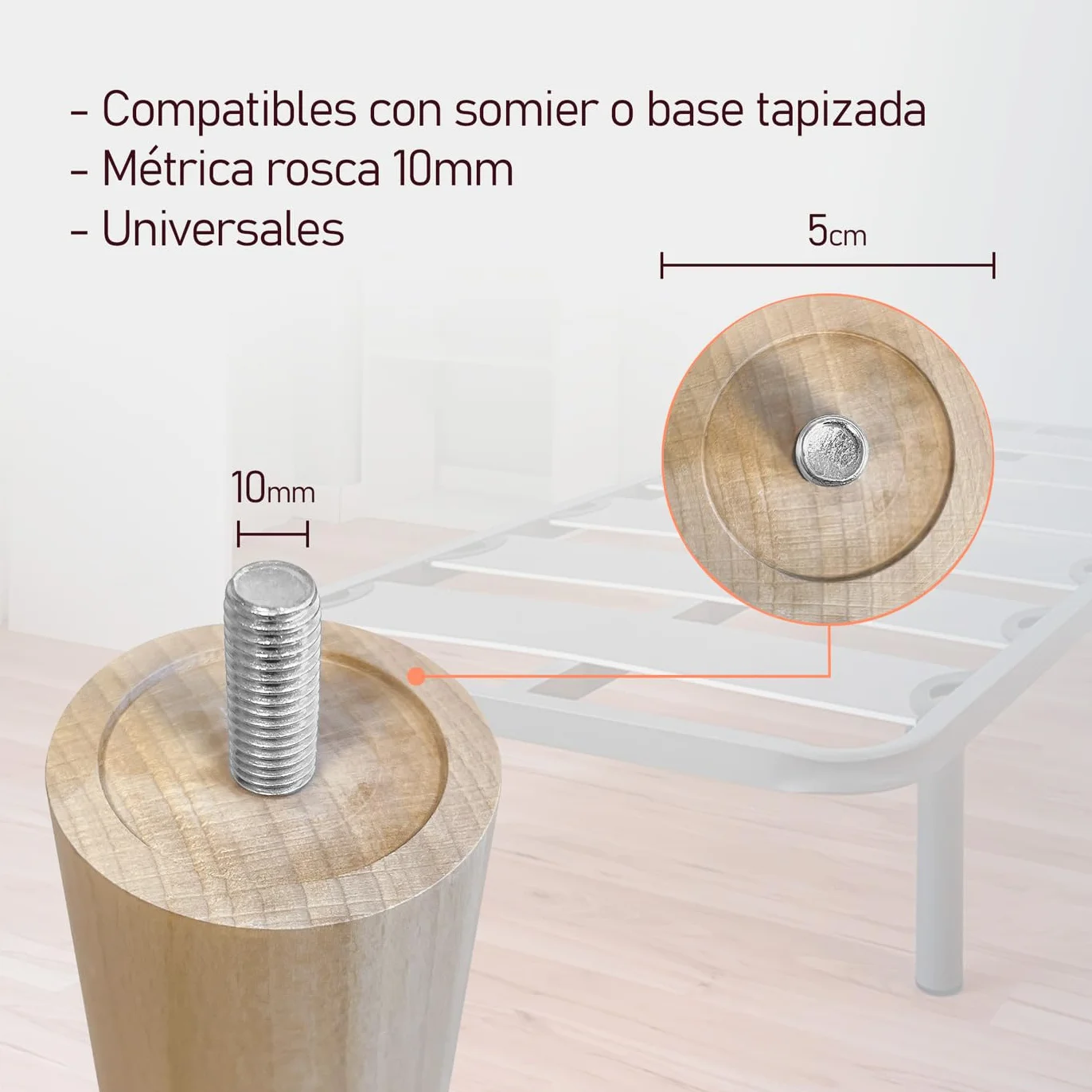 amuéblate Online – Pack de 6 Patas de Madera para Base Tapizada, Cilíndricas con Rosca M10, Altura 25 cm, Color Natural