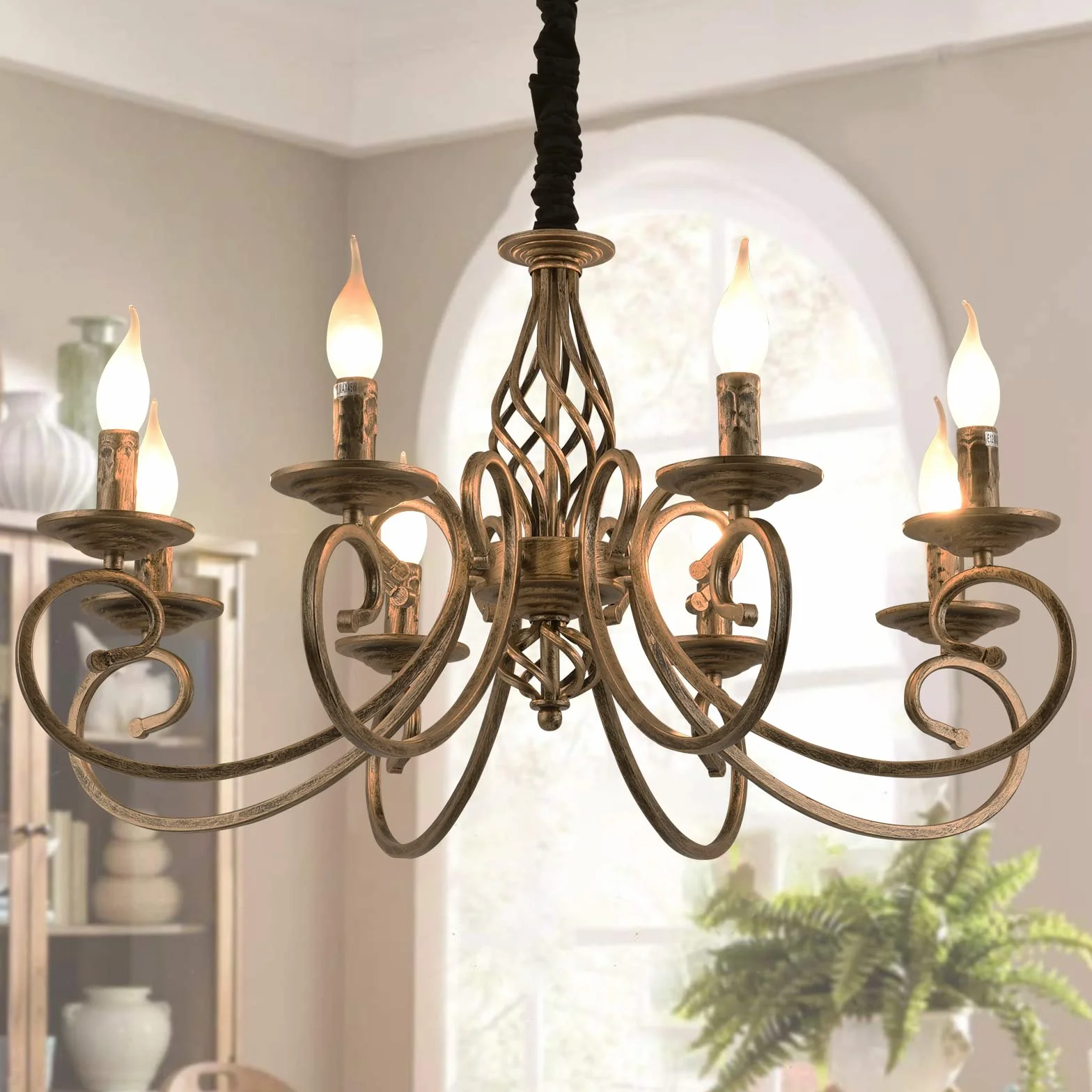Ganeed Candelabros Rústicos Araña de Velas Estilo Francés de Campo Lámpara Colgante de Hierro Vintage Luminario Colgante para Cocina Isla Comedor Dormitorio Bronce 8 Luces