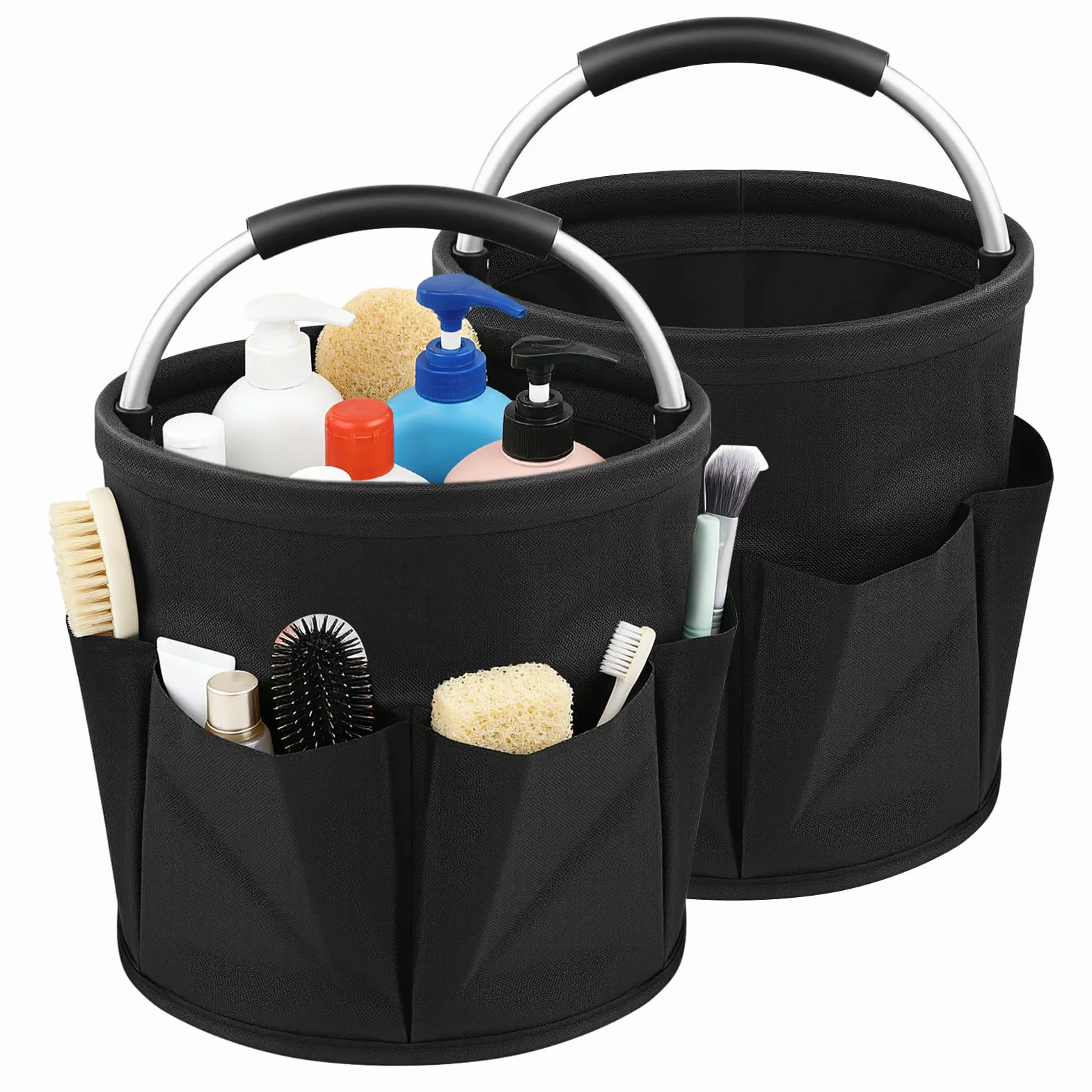 Organizador de Limpieza Plegable de 2 Piezas, Cubo 17L con Asa y 6 Bolsillos, Bolsa Almacenamiento de Tela Oxford 600D Impermeable, Cubo Portátil Multiusos para Hogar, Baño, Jardín,Negro