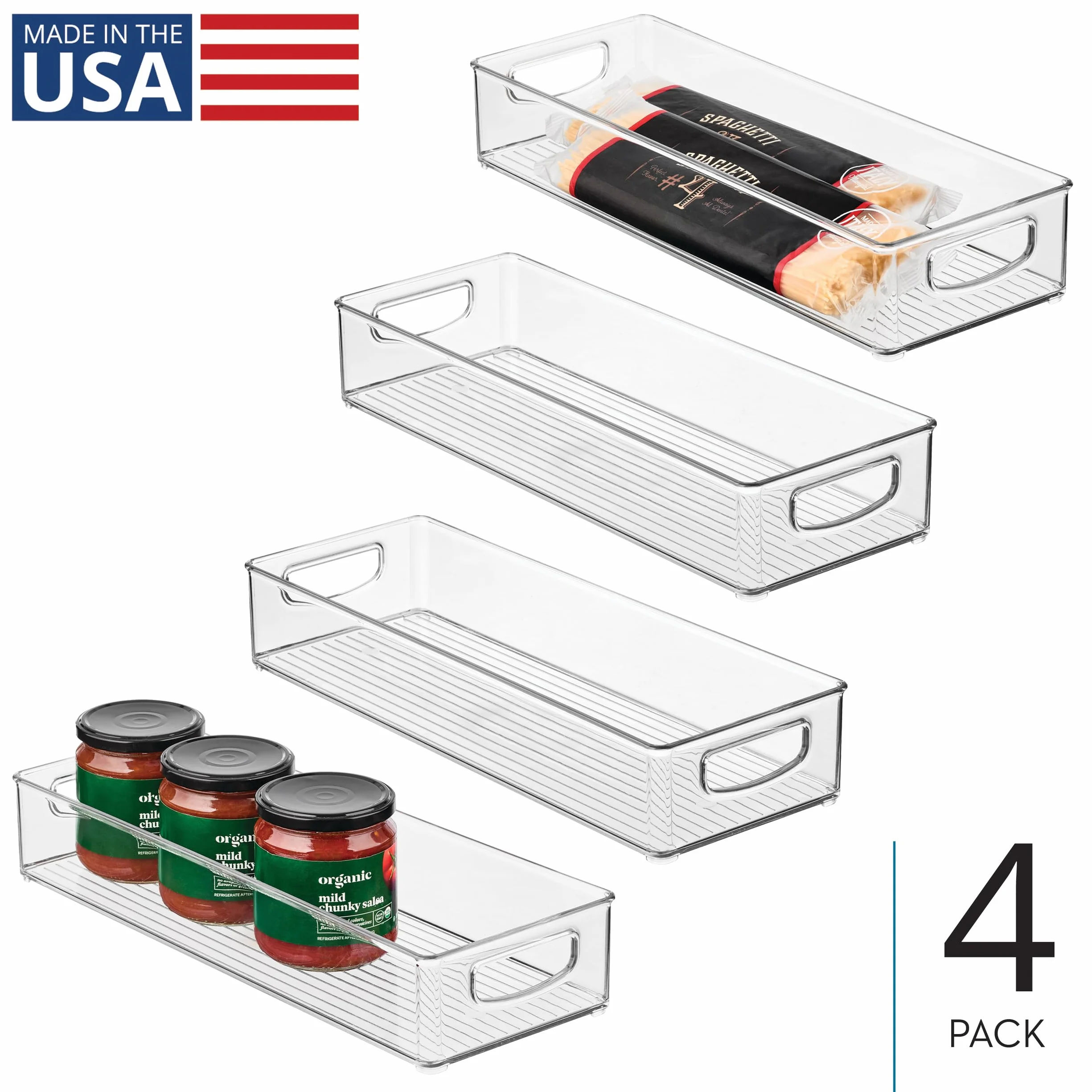 InterDesign iDesign - Contenedor apilable de plástico para despensa, organizador con asas para armarios o nevera, juego de 4, transparente