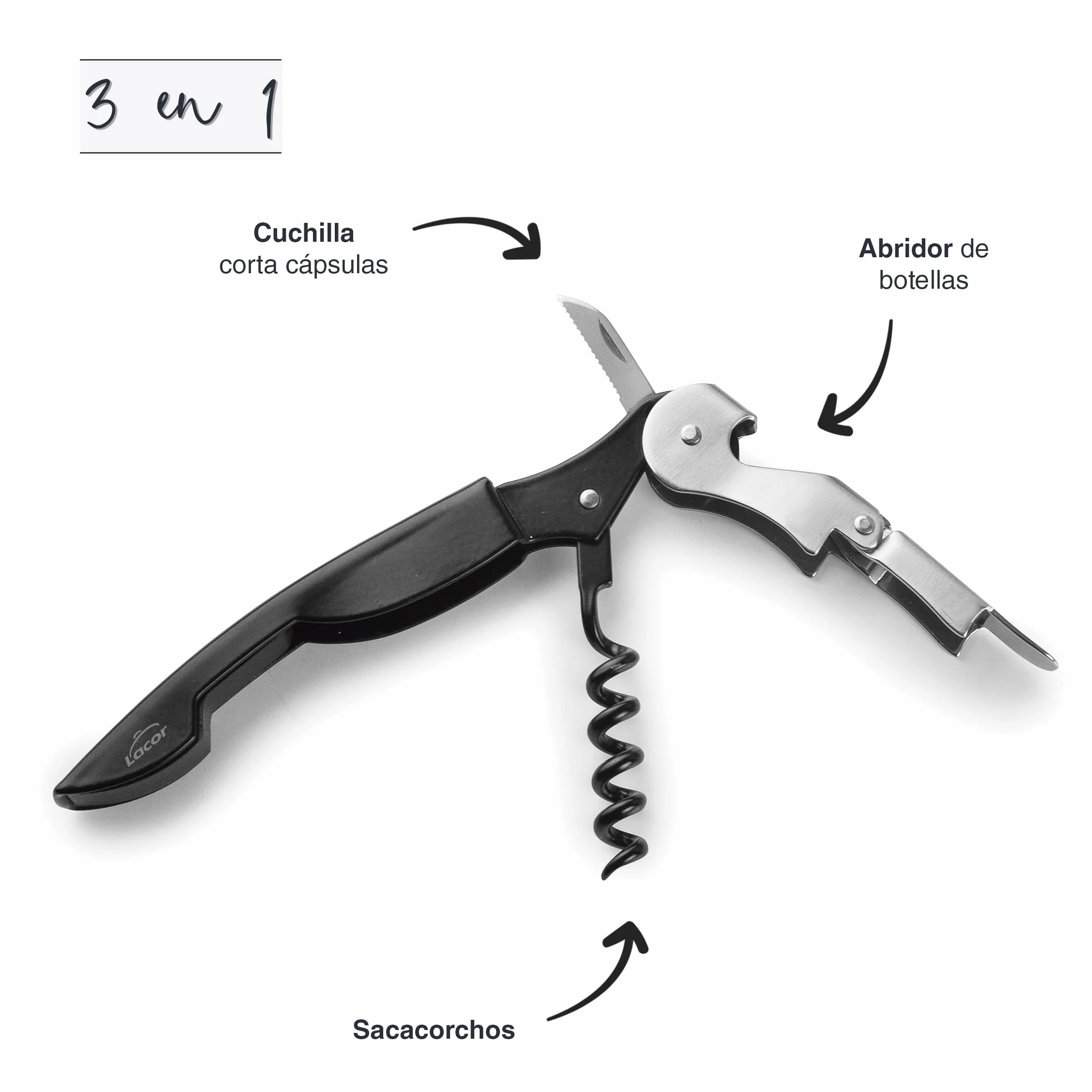 LACOR, 63044, Sacacorchos Camarero Luxe, Acero Inoxidable, Sacacorchos, Abridor de Botellas y Cuchilla corta Cápsulas, Abridor de Vino y Cerveza, 3 en 1, Negro