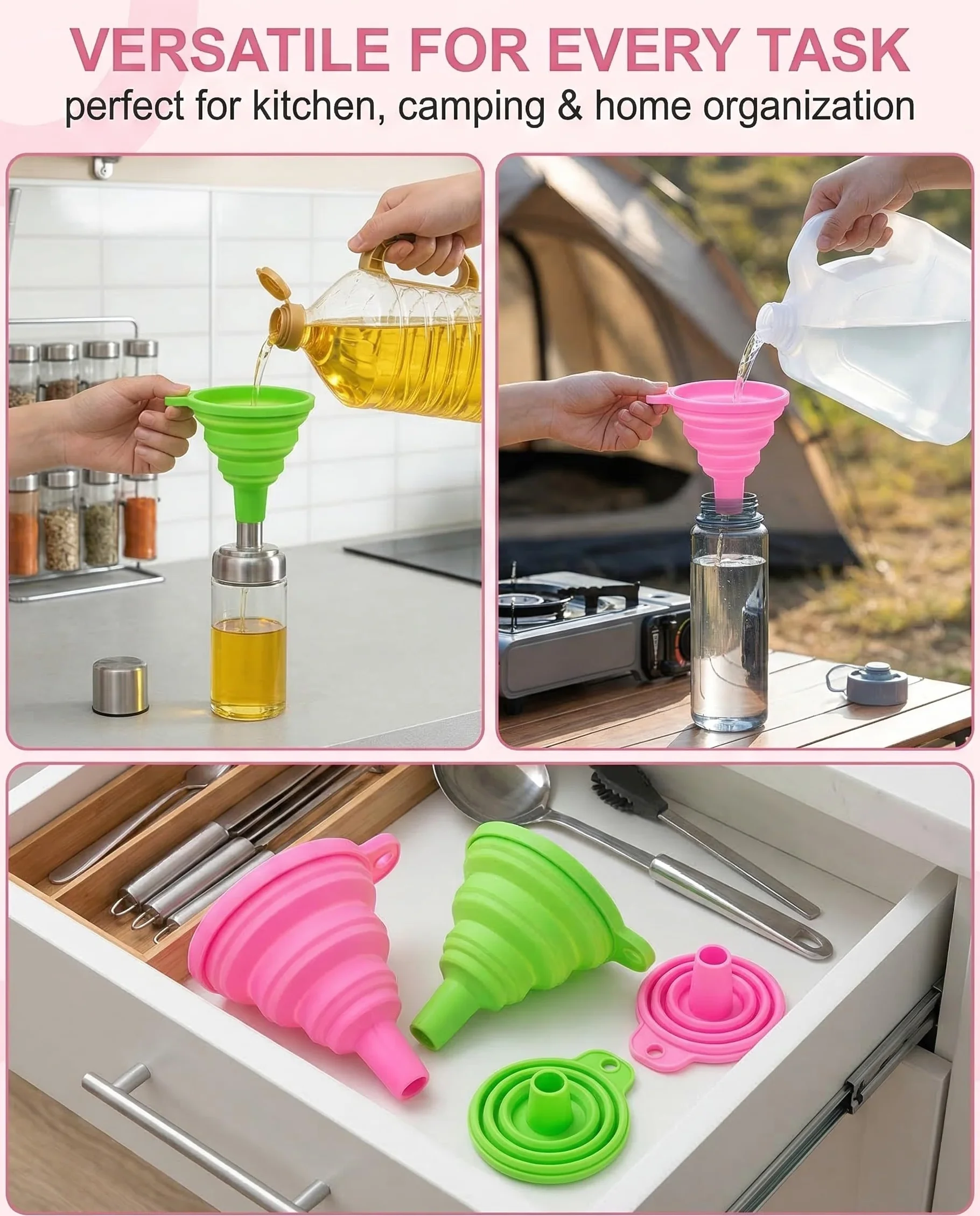4 Embudos Plegables de Silicona, 2 Tamaños en Rosa y Verde, Set de Embudos de Cocina para Líquidos como Aceite, Cerveza, Ideal para Hogar y Camping (grande y pequeño)