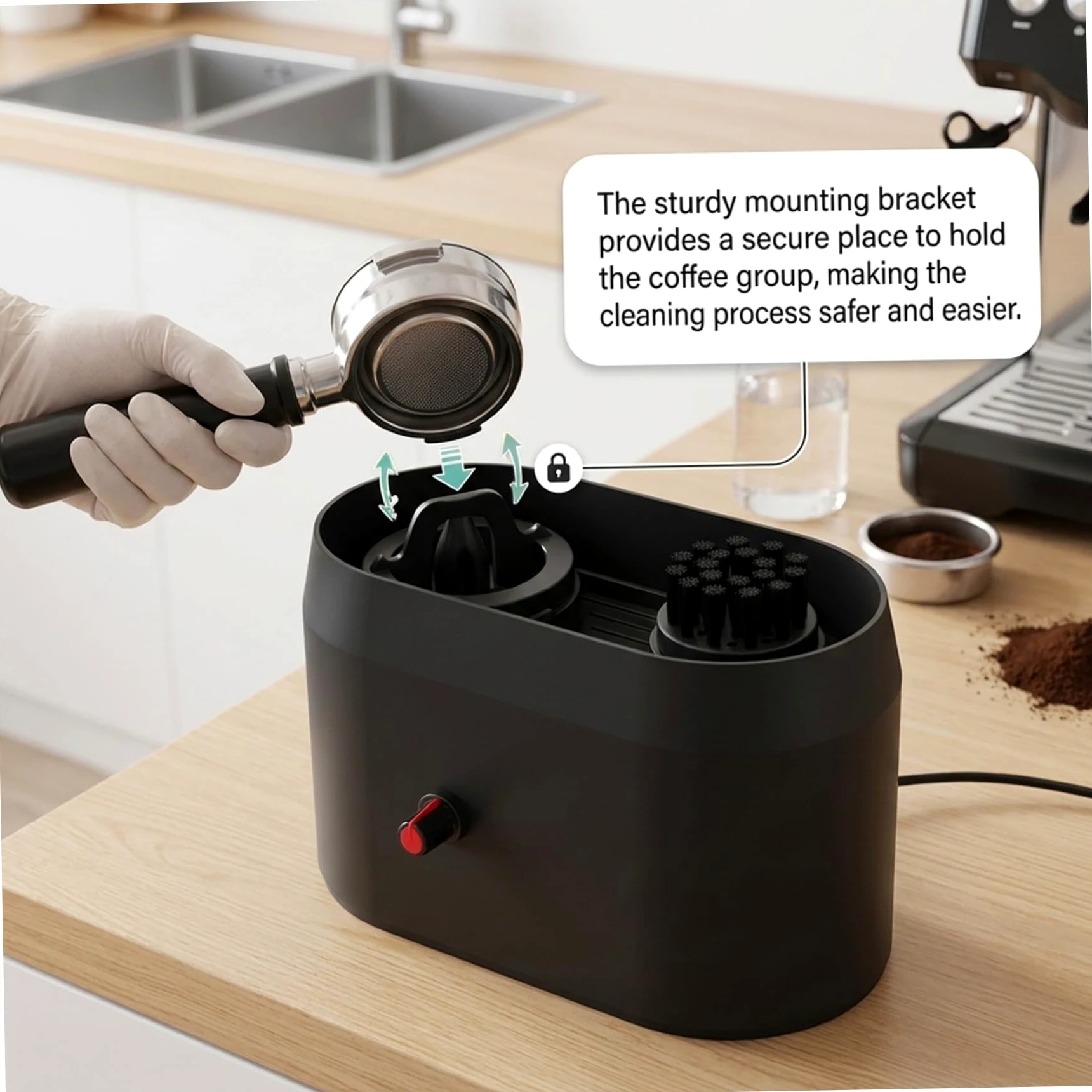 Limpiador automático de portafiltros Kit de limpieza de portafiltros de café con cepillo dedicado Limpiador automático con soporte estable para de espresso.