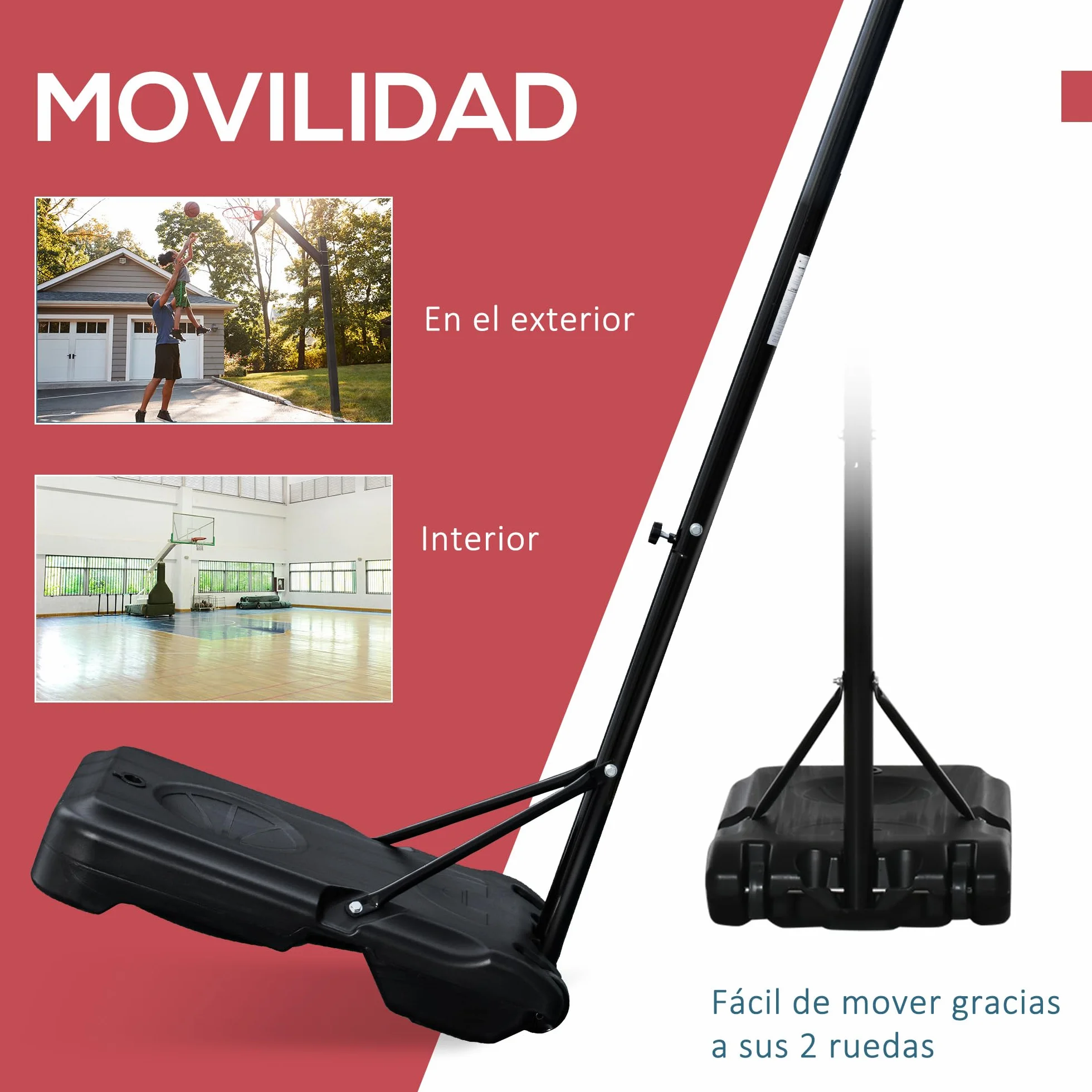 HOMCOM Canasta de Baloncesto Exterior Altura Regulable 258-314 cm Aro Base Rellenable Ruedas Negro Rojo