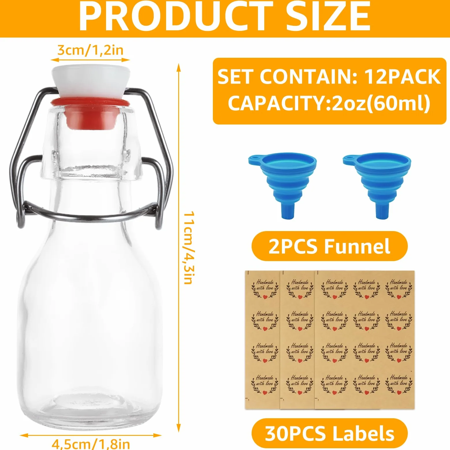 DAJAVE 30 botellas de cristal de 60 ml con cierre de clip, botellas pequeñas para rellenar, botellas de planchado para rellenar, incluye 2 embudos de silicona y 3 etiquetas, botellas de cristal para
