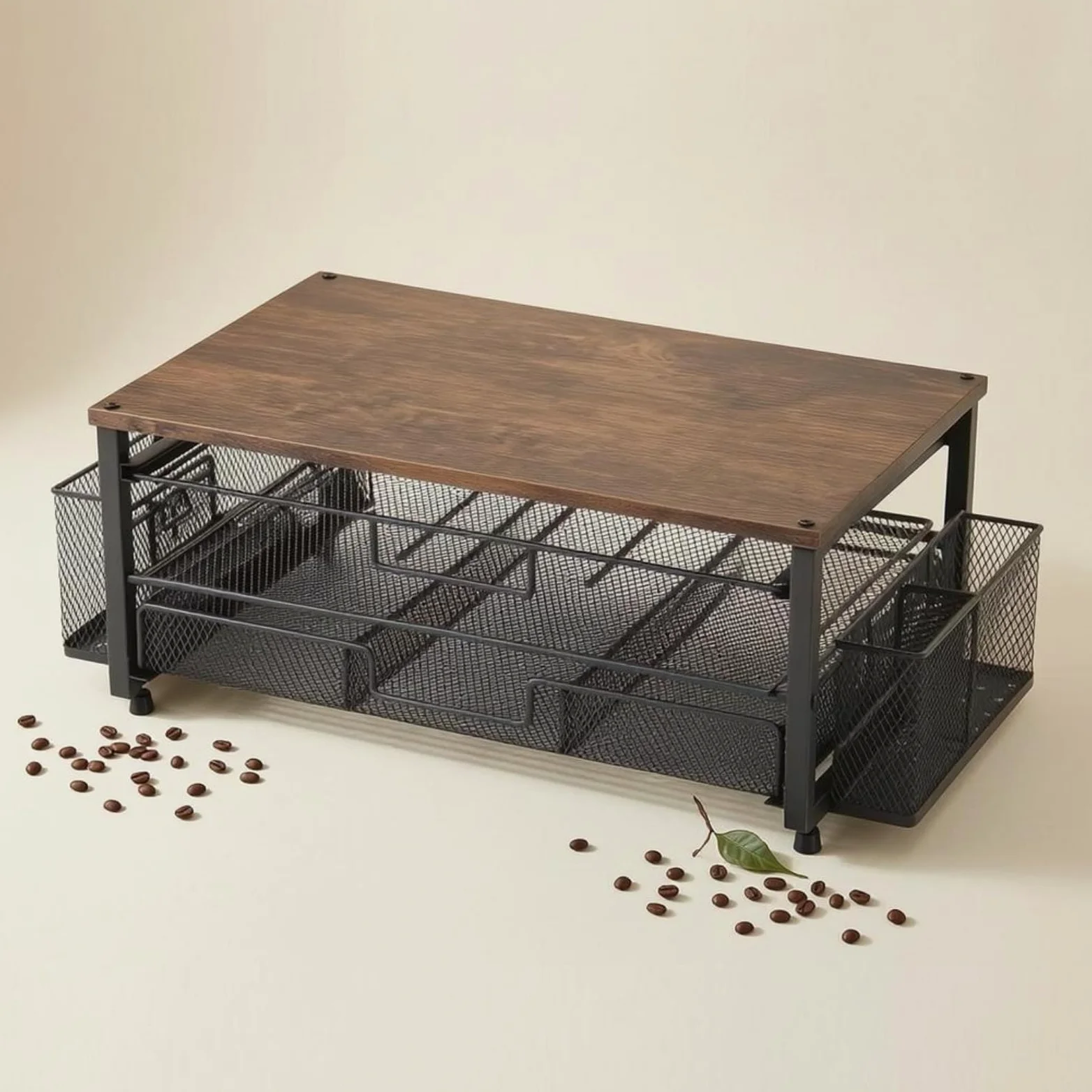 Amagogo Estante para Cápsulas de Café Organizador Soporte Dispensador Bandeja Estructura Compacta para Accesos Rápidos y Visibilidad Adecuado para Cocina, Negro, Cesta Lateral De Plástico