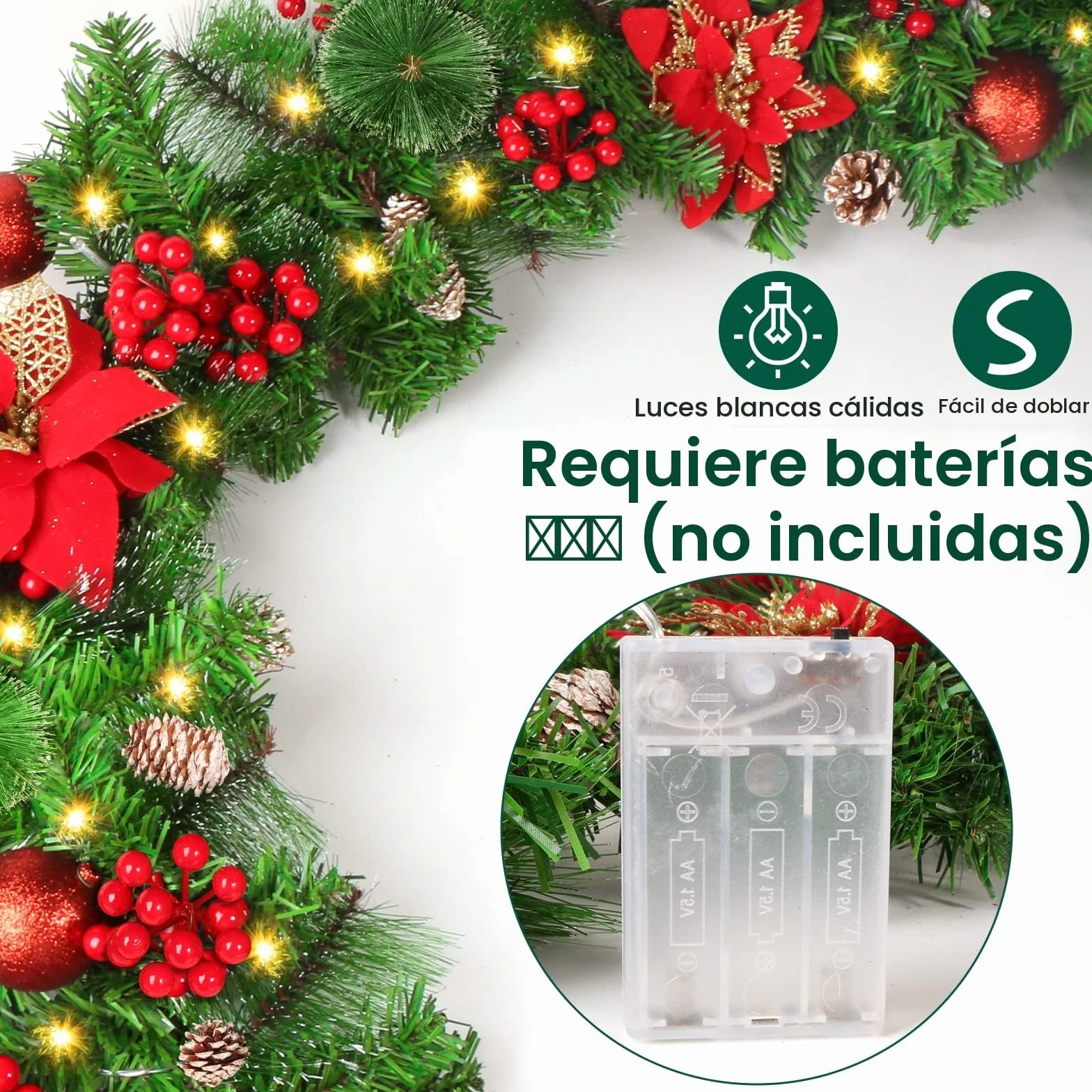 Guirnalda de Navidad 2.7M Con Luces, Árbol Artificial, Corona para Chimenea, Escalera y Decoraciones