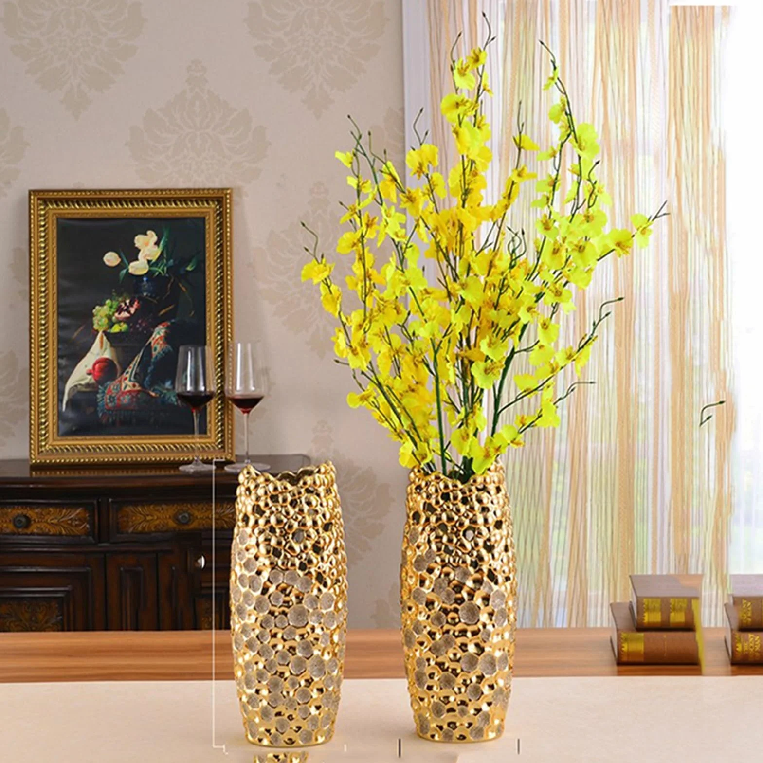 Florero Jarrón Dorado Brillante, decoración Creativa de jarrón, artesanía de cerámica, decoración del hogar, Sala de Estar, Mueble de TV, Arte Floral Moderno Jarrones para Flores