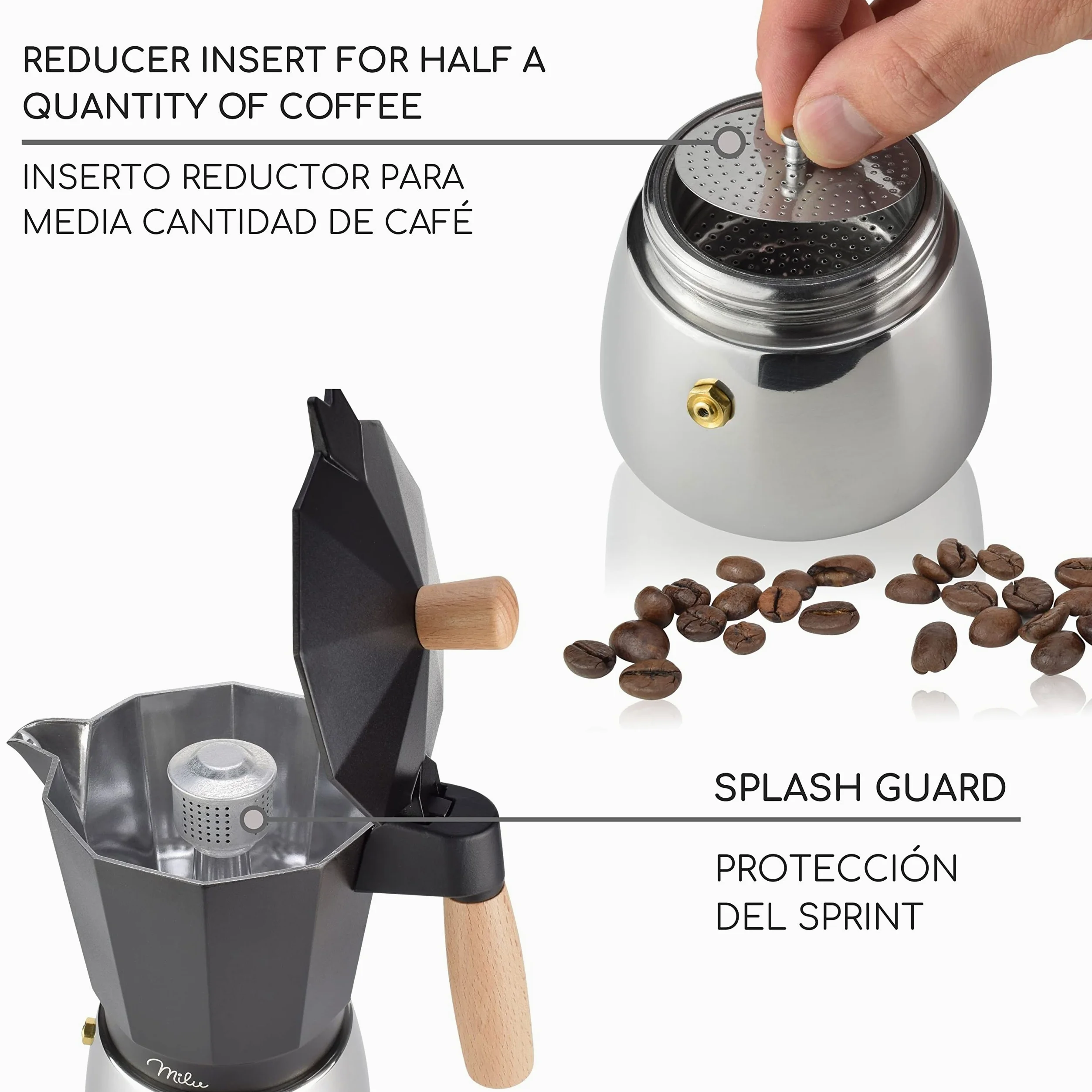 Milu Cafetera Italiana inducción | 3, 6, 9 Tazas | Cafetera Moka de Aluminio, Expresso Maker - Set comprensivo di sottobicchiere, cucchiaio, spazzola (Negro + Mango de madera, 3 tazas (150ml)