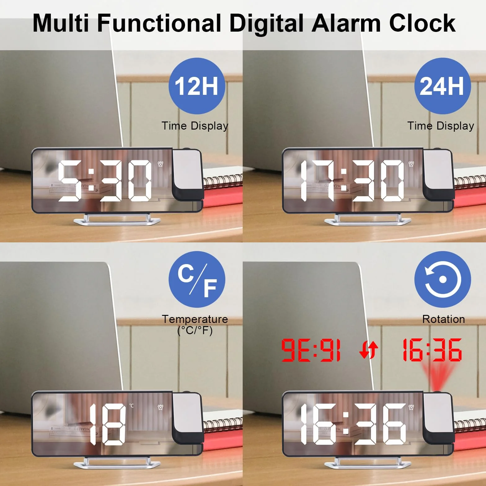 Cuteefun Reloj Despertador Digital con Proyector, Despertador Inteligente con Temperatura, Snooze, 12/24H, Brillo Ajustable, Reloj Proyector Techo para Dormitorio, Números de Blanco